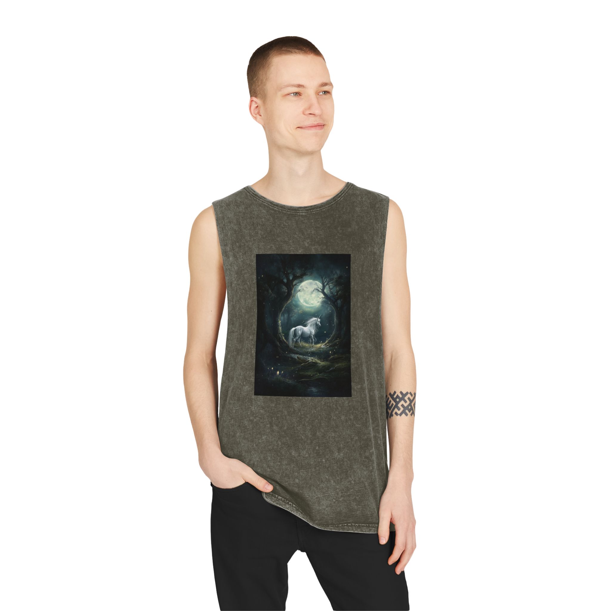 Unicorn Forest With Full Moon Background Unisex Stonewash Tank Top - Image 7