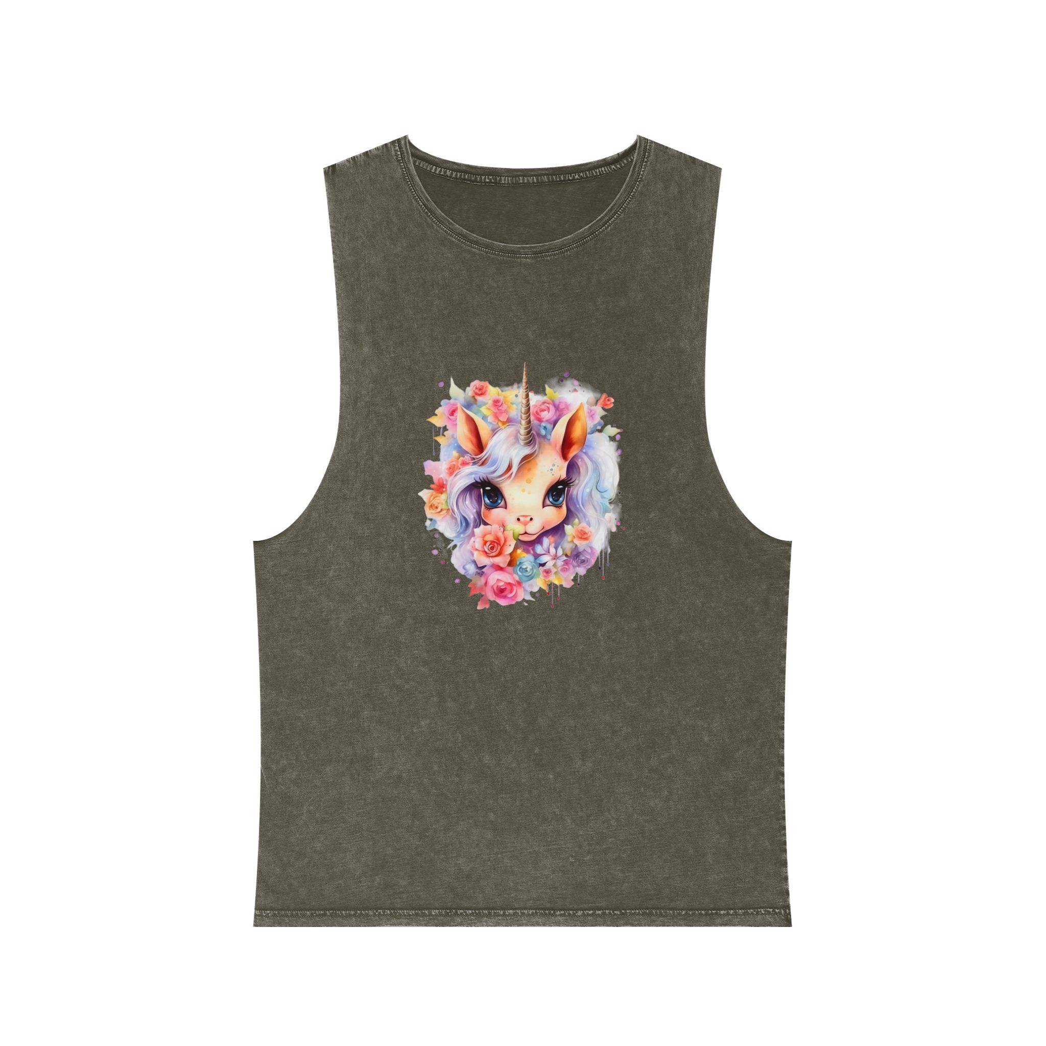 Cute Colorful Magic Unicorn With Flowers Watercolor Style (7) Unisex Stonewash Tank Top - Image 5