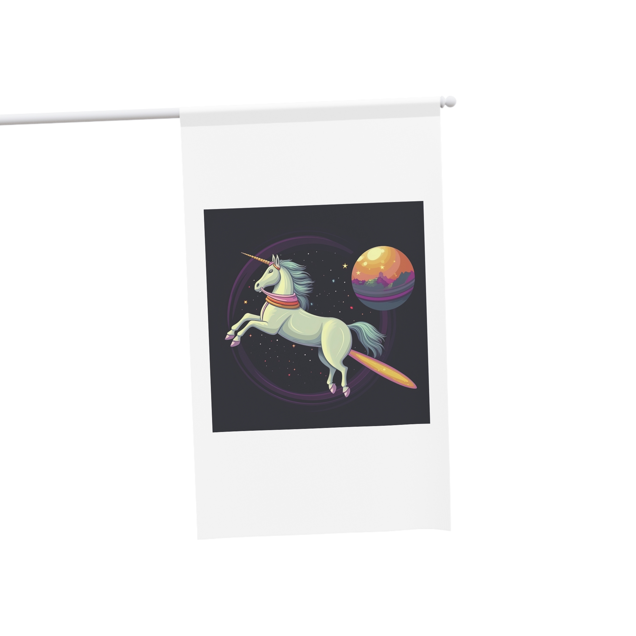 Unicorn With Long Tail Is Flying Through Circle With Moon Stars House Banner - Image 3