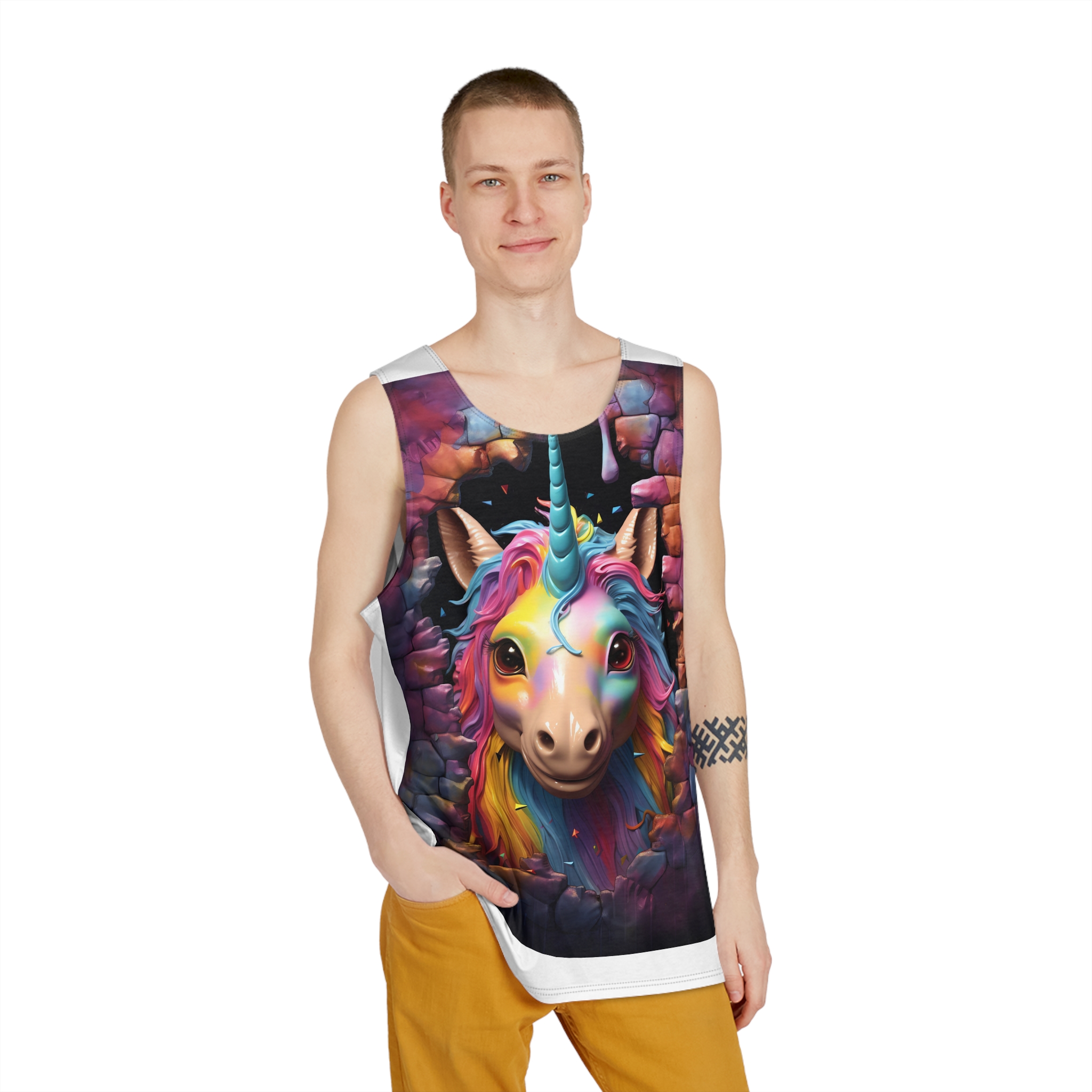 Cute Unicorn Cartoon Looking Through Wall Poster Illustration Kids Mens Tank Aop - Image 3