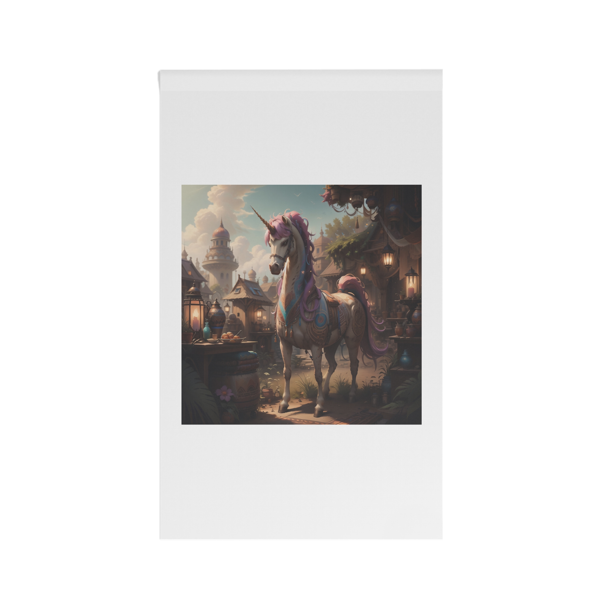 Unicorn With Purple Mane Stands Front Small Town With Lamp Post House Banner - Image 2