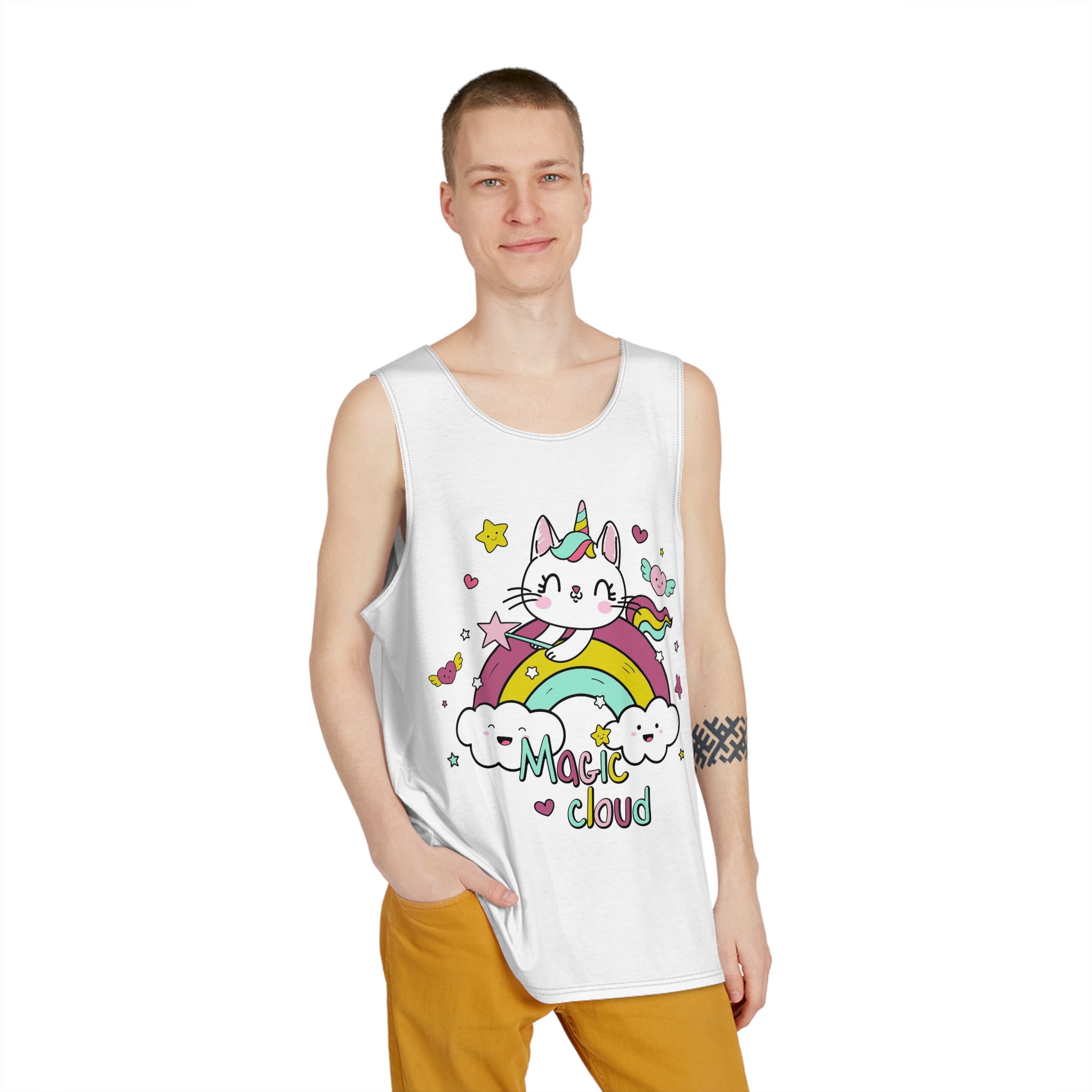 Unicorn Cat Rainbow With Magic Cloud Illustration Mens Tank Aop - Image 3