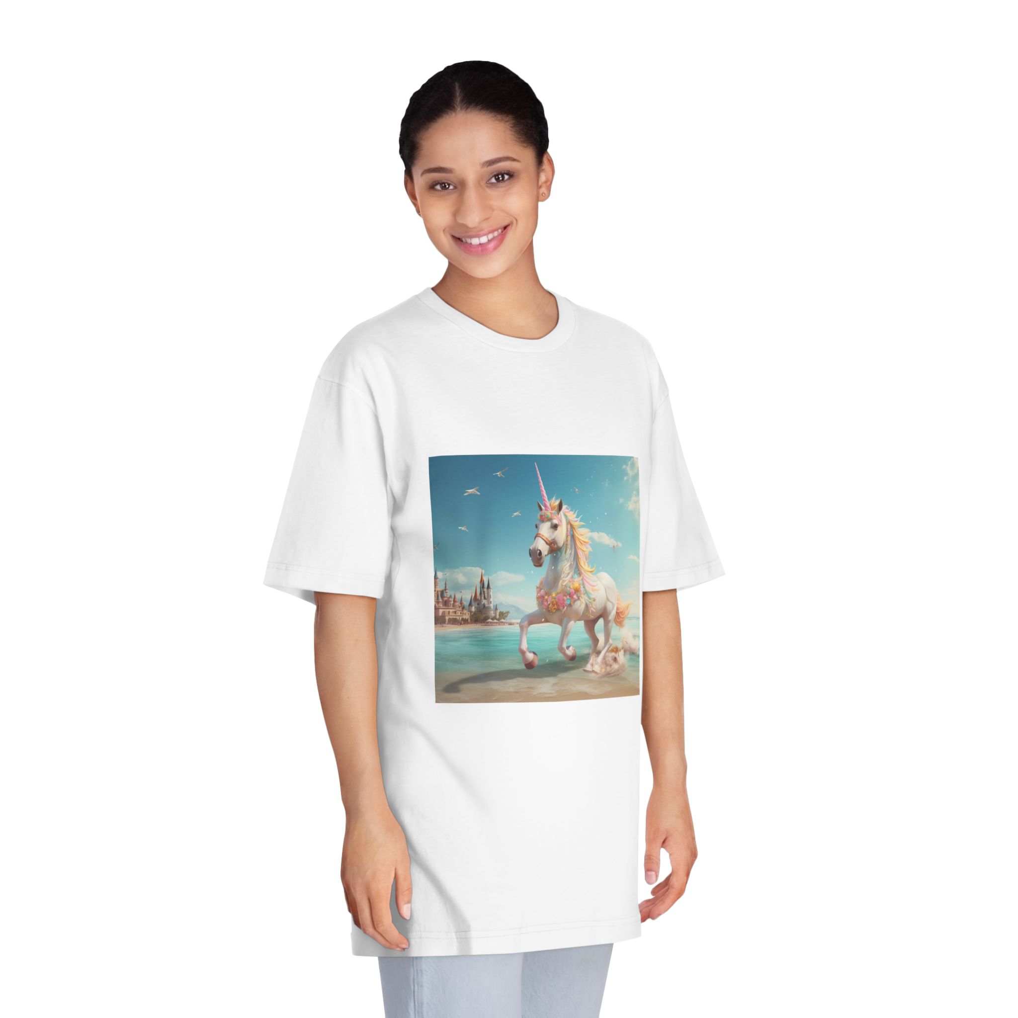 There Is Unicorn Running Beach With Castle Background Generative Ai Unisex Classic Crewneck T Shirt - Image 3