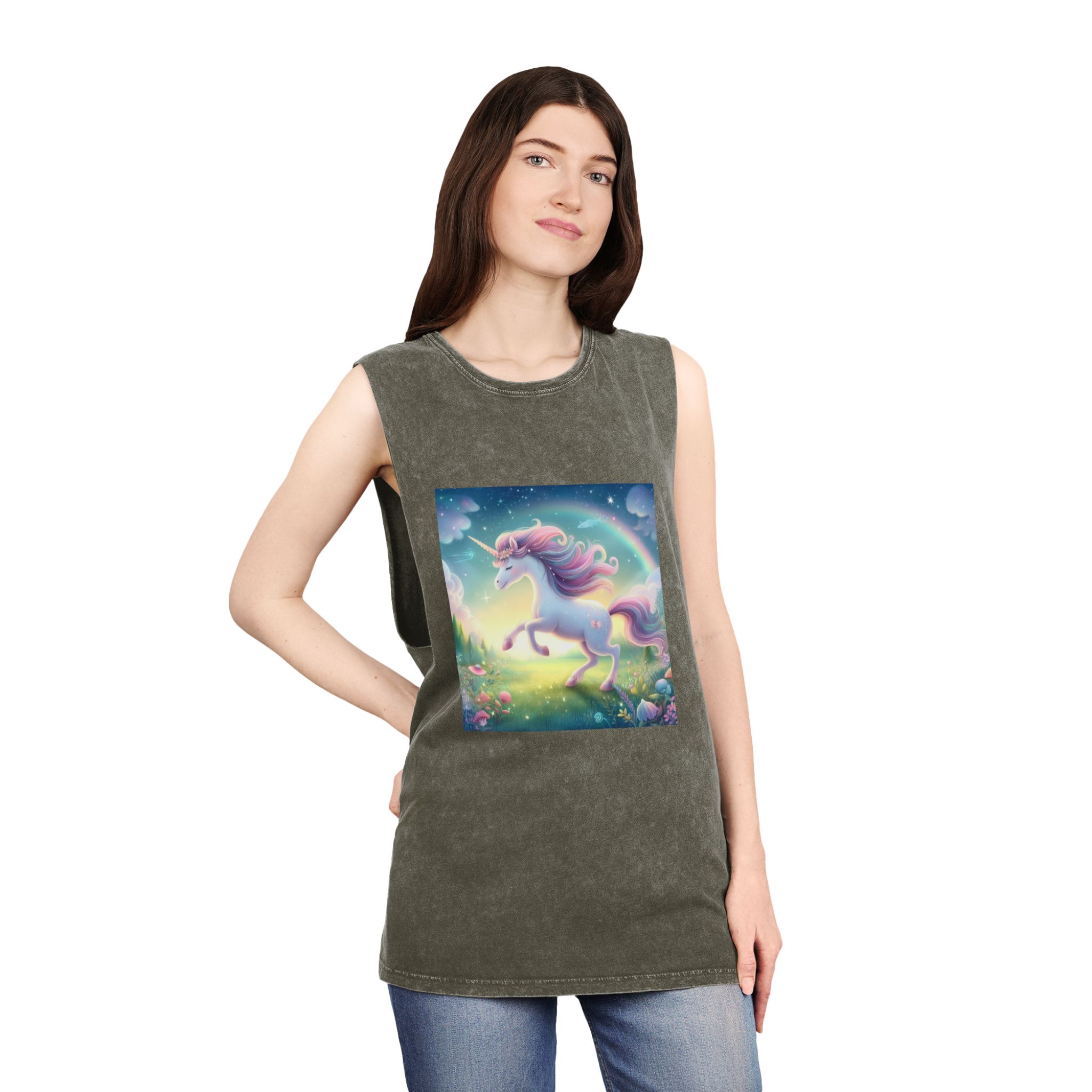 Beautiful Unicorn Running Magical Meadow Unicorn Background Images Whimsical Unicorn (21) Unisex Stonewash Tank Top - Image 8