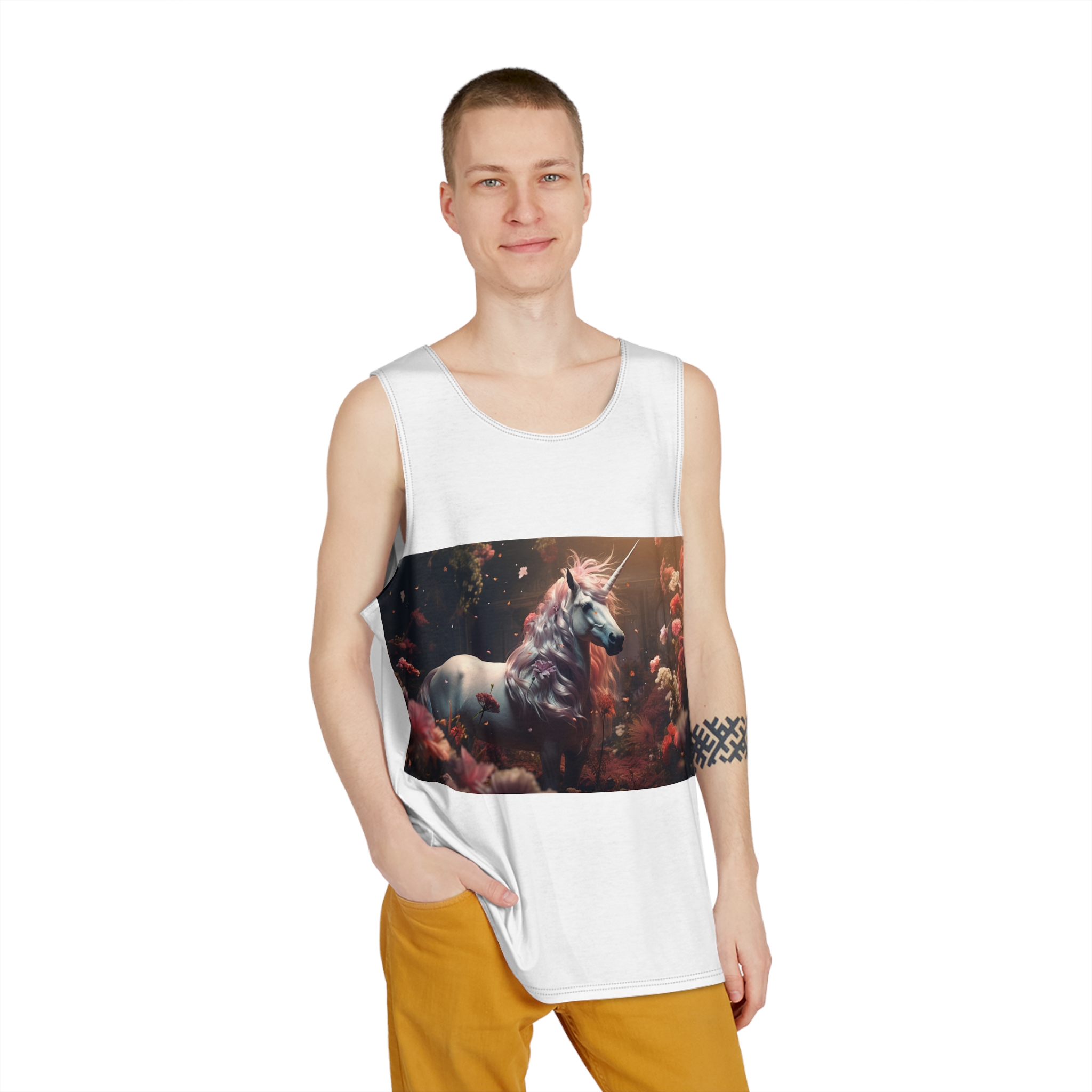 Unicorn With Long Mane Standing Field Flowers Generative Ai Mens Tank Aop - Image 3