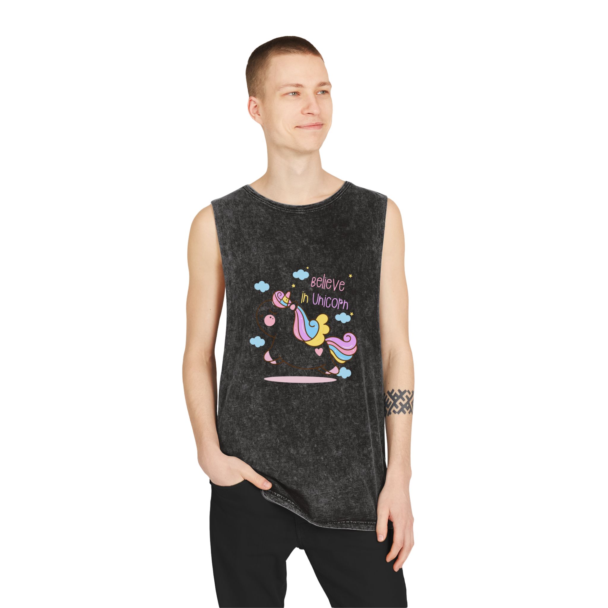 Cute Unicorn Cartoon Jump Air Flat Style Unisex Stonewash Tank Top - Image 3
