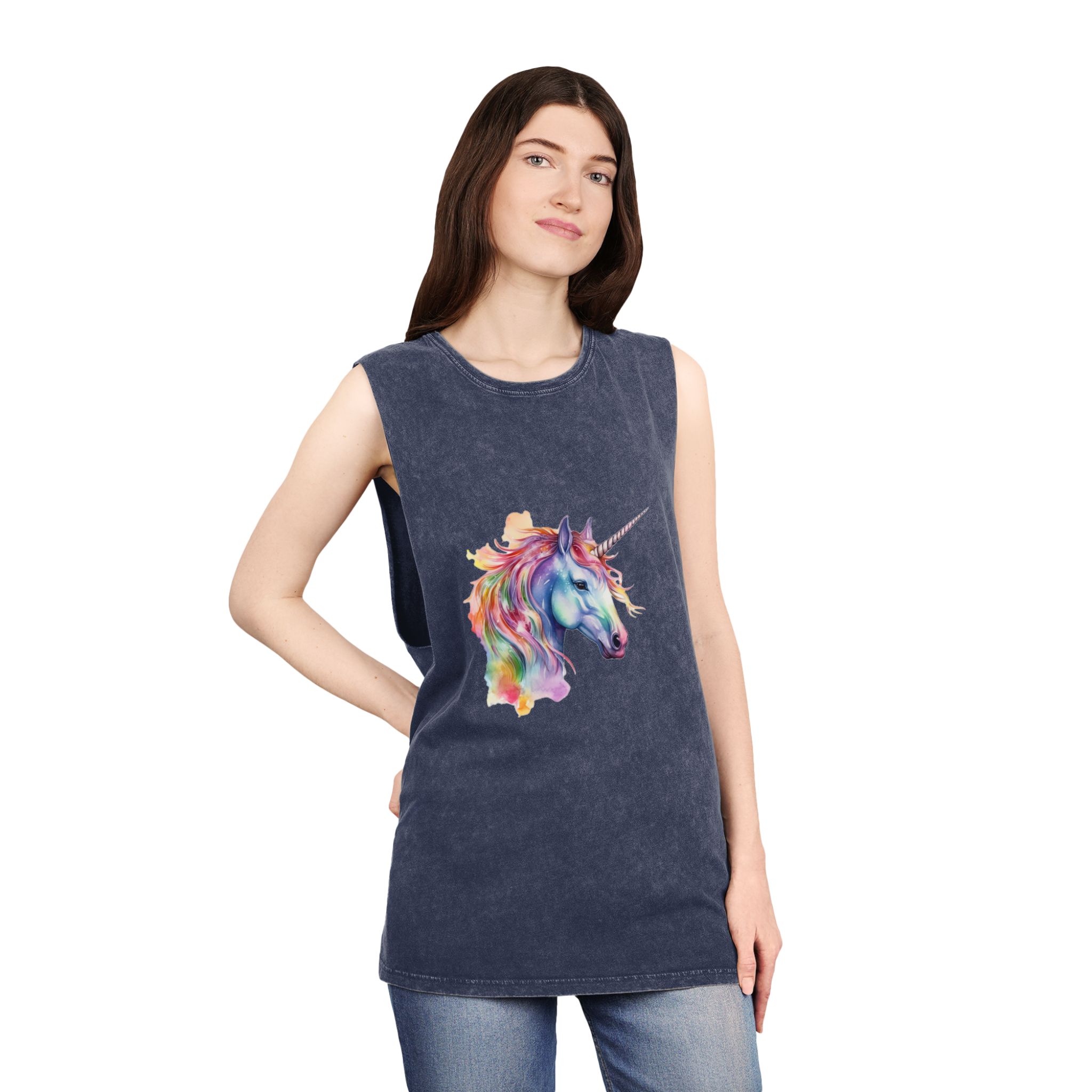 Unicorn Portrait Watercolor Illustration Rainbow Animal Watercolor Character Isolated White Unisex Stonewash Tank Top - Image 16