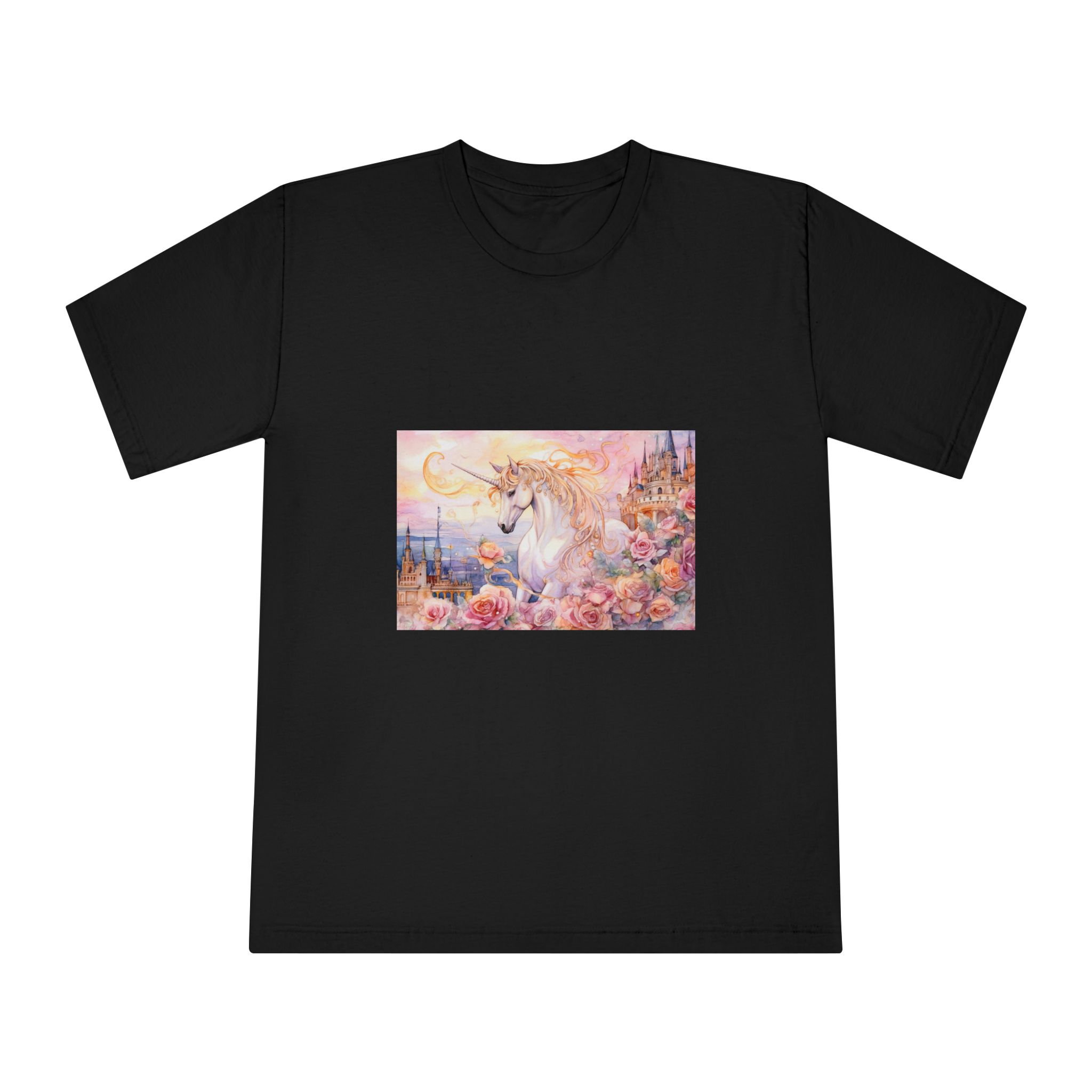 Painting Unicorn Castle With Roses Castle Background Generative Ai Unisex Classic Crewneck T Shirt - Image 5