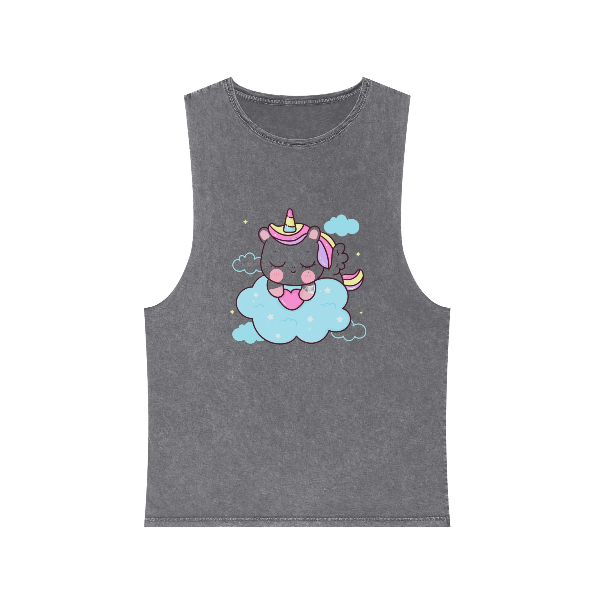 Cute Unicorn Pegasus Cartoon Sleep Holding Heart Cloud Kawaii Animal Unisex Stonewash Tank Top - Image 9