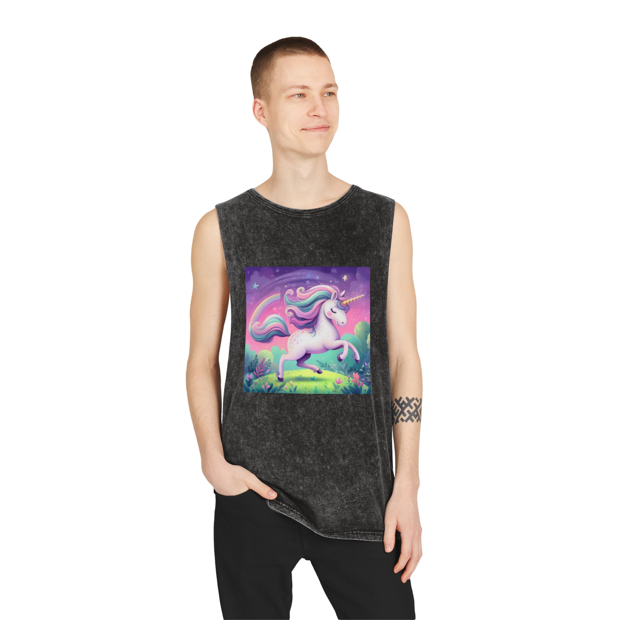 Beautiful Unicorn Running Magical Meadow Unicorn Background Images Whimsical Unicorn (12) Unisex Stonewash Tank Top - Image 3