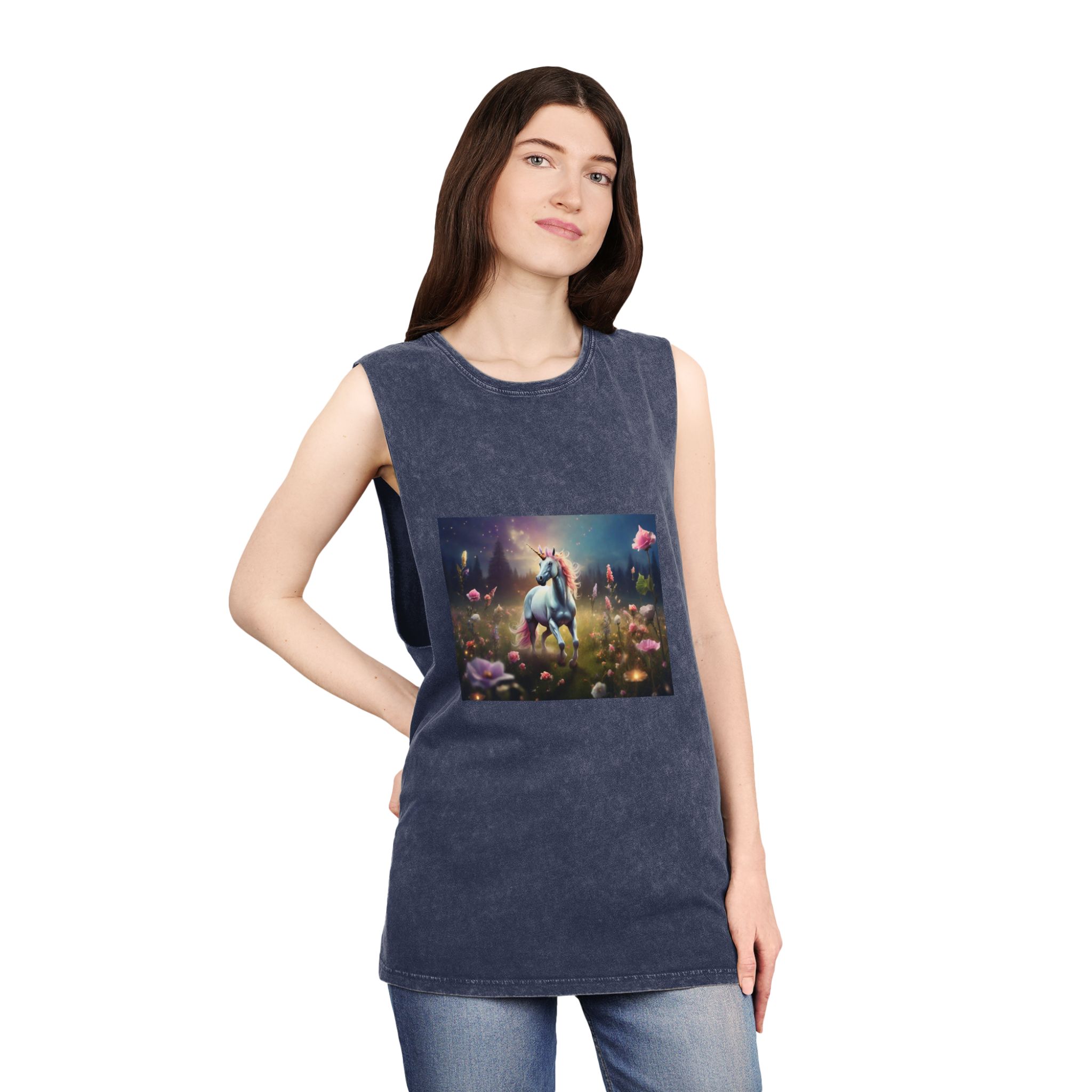 Beautiful Unicorn Running Magical Meadow Unicorn Background Images Whimsical Unicorn (20) Unisex Stonewash Tank Top - Image 16