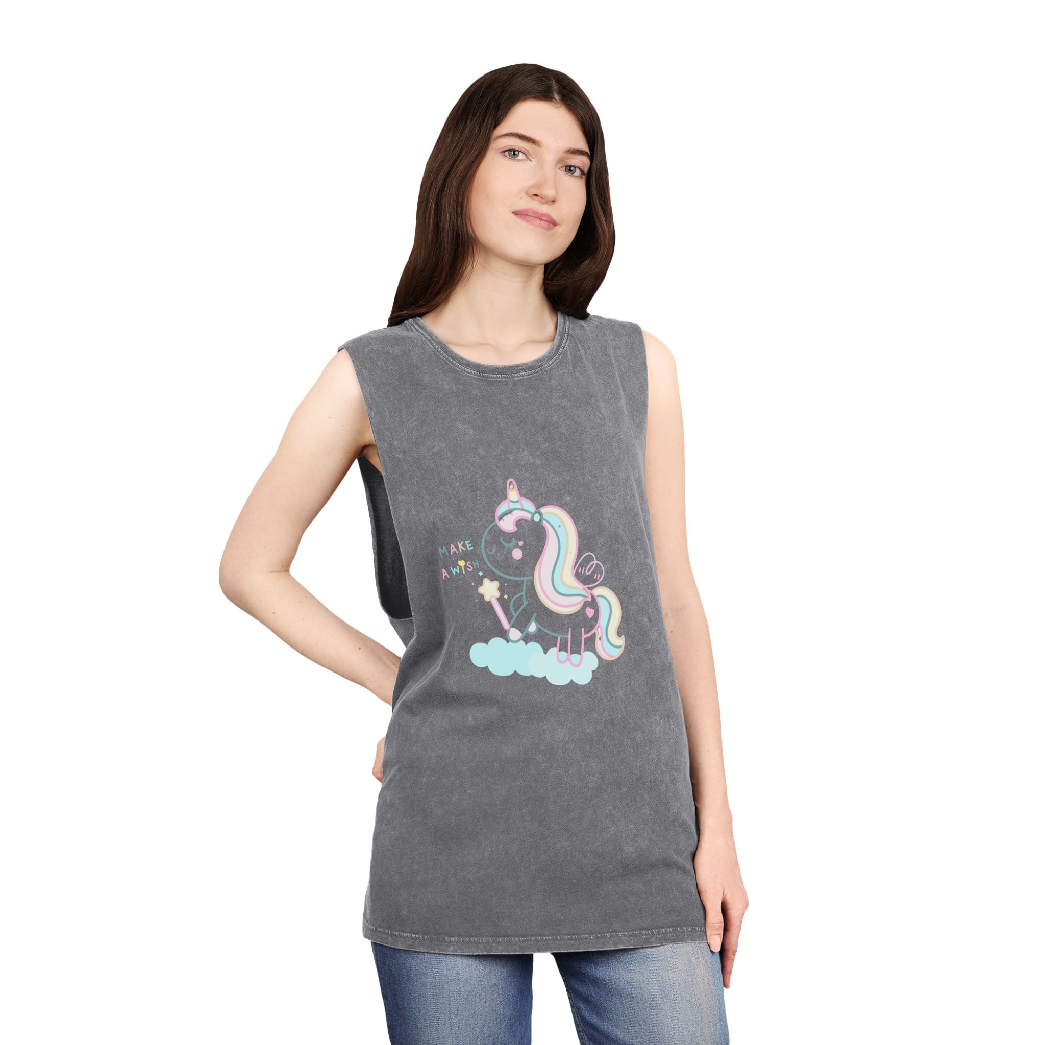 Cute Unicorn Pastel Holding Magic Wand Unisex Stonewash Tank Top - Image 12