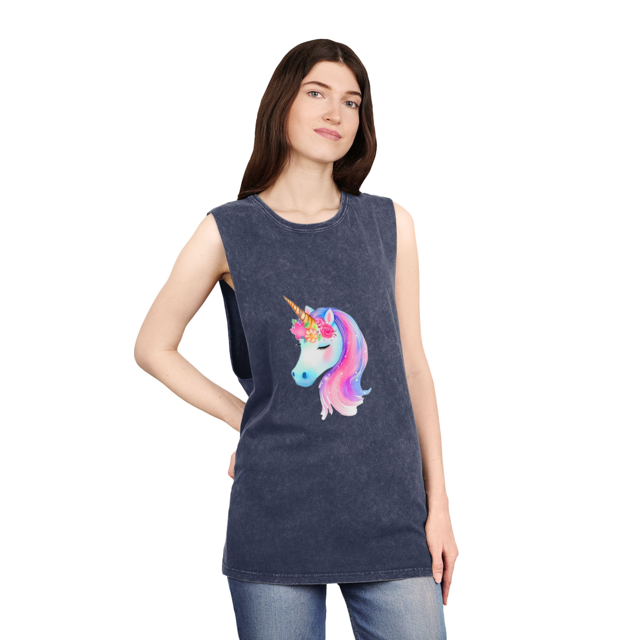 Cute Unicorn Watercolor Hand Painted 01 Unisex Stonewash Tank Top - Image 16