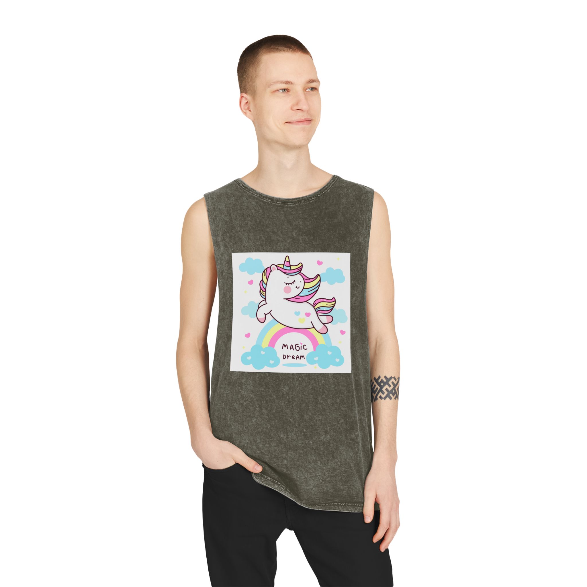 Cute Unicorn Pegasus Vector Fly On Sky With Rainbow Sweet Heart and Cloud Pony Cartoon Pastel Background Valentines Day (còpia) Unisex Stonewash Tank Top - Image 7
