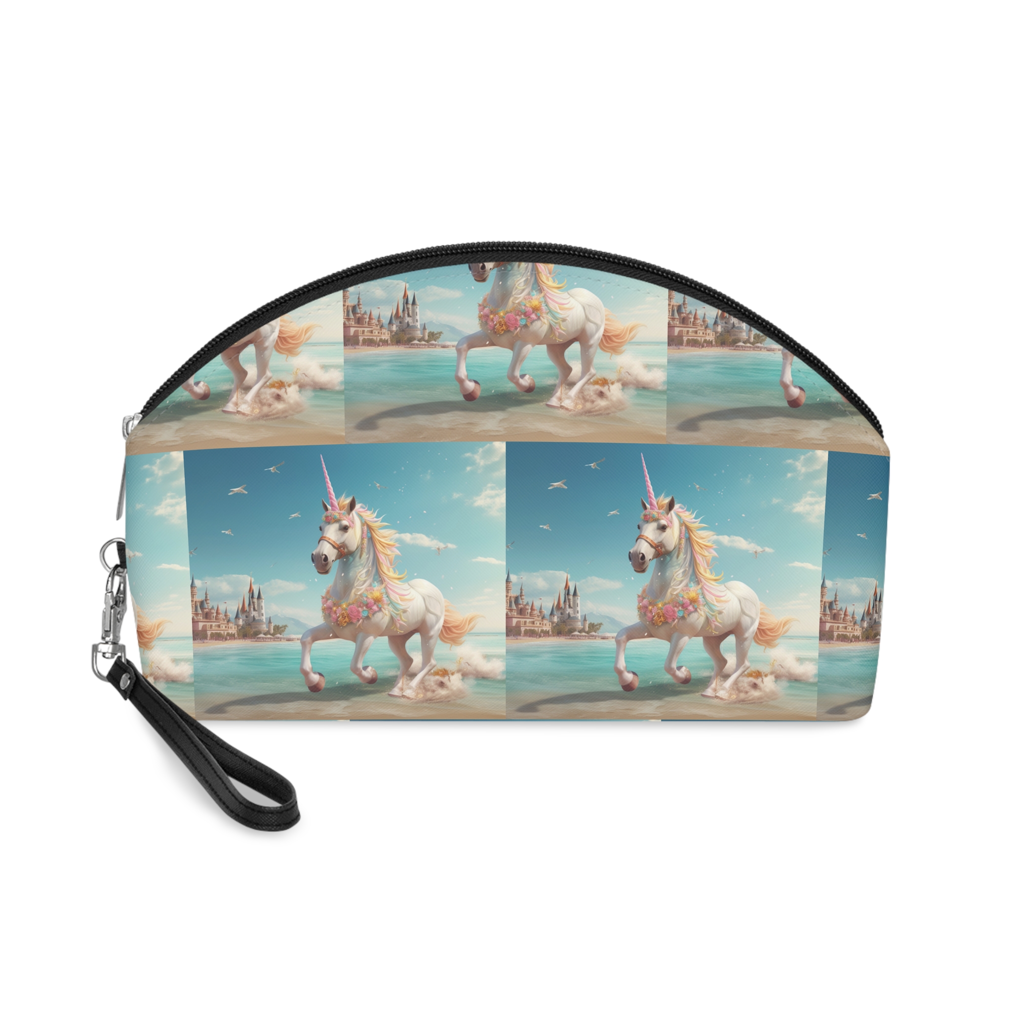 There Is Unicorn Running Beach With Castle Background Generative Ai Makeup Bag