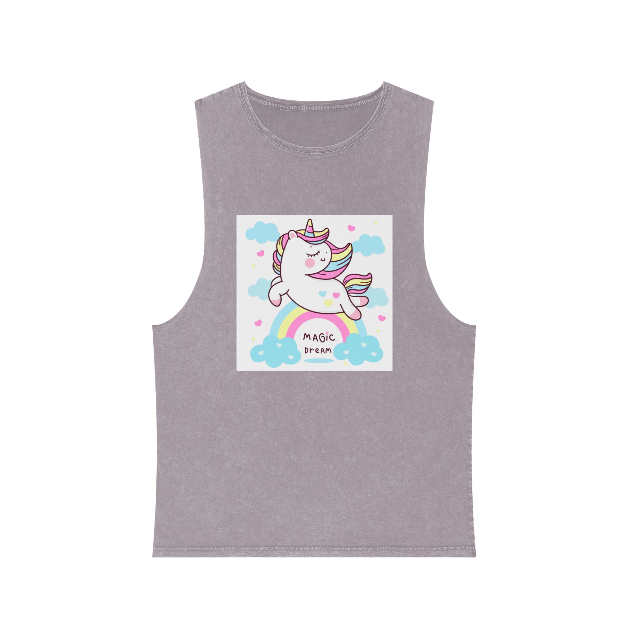 Cute Unicorn Pegasus Vector Fly On Sky With Rainbow Sweet Heart and Cloud Pony Cartoon Pastel Background Valentines Day Unisex Stonewash Tank Top - Image 17