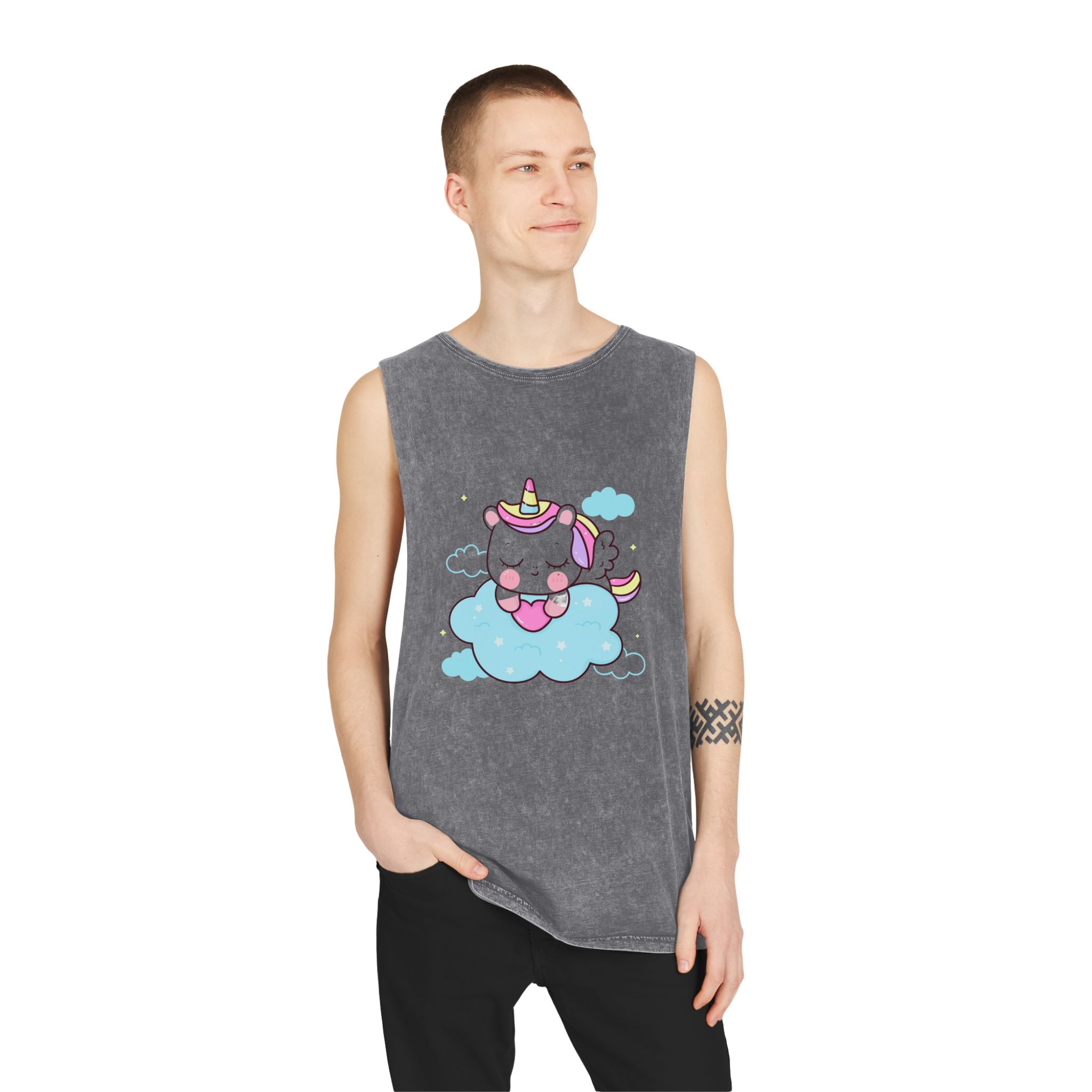 Cute Unicorn Pegasus Cartoon Sleep Holding Heart Cloud Kawaii Animal Unisex Stonewash Tank Top - Image 11