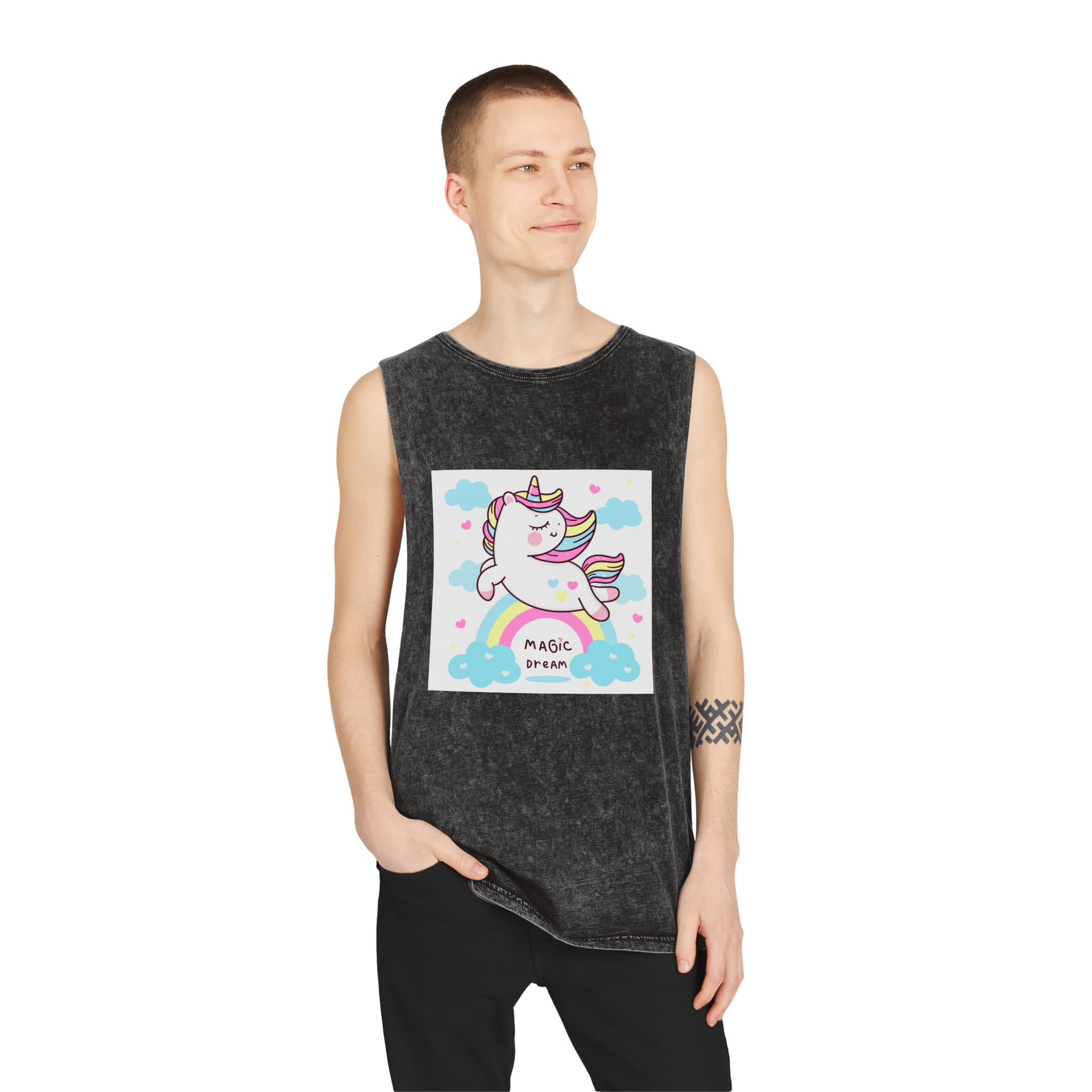 Cute Unicorn Pegasus Vector Fly On Sky With Rainbow Sweet Heart and Cloud Pony Cartoon Pastel Background Valentines Day (còpia) Unisex Stonewash Tank Top - Image 3