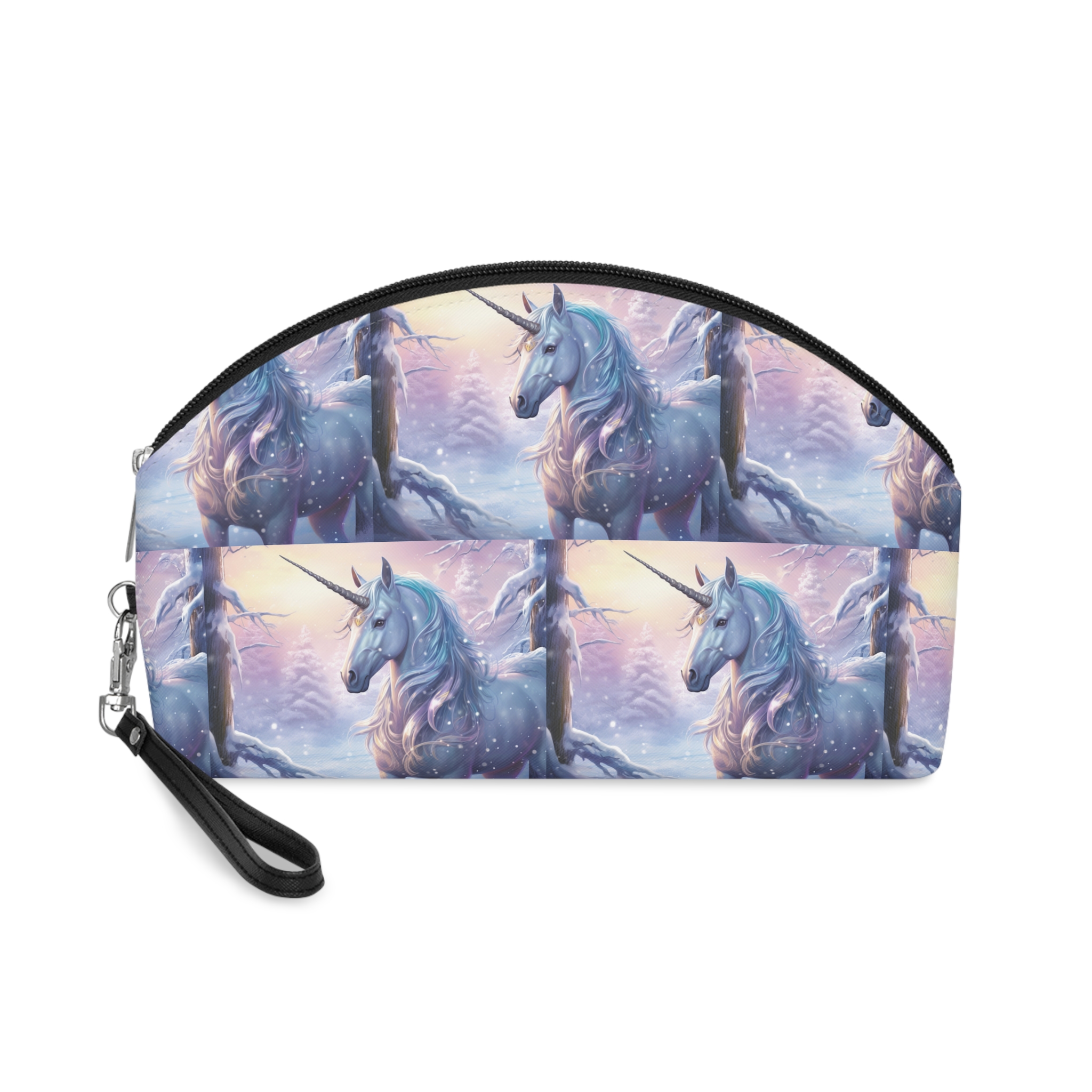 Unicorn Snow With Pink Sky Background Generative Ai Makeup Bag