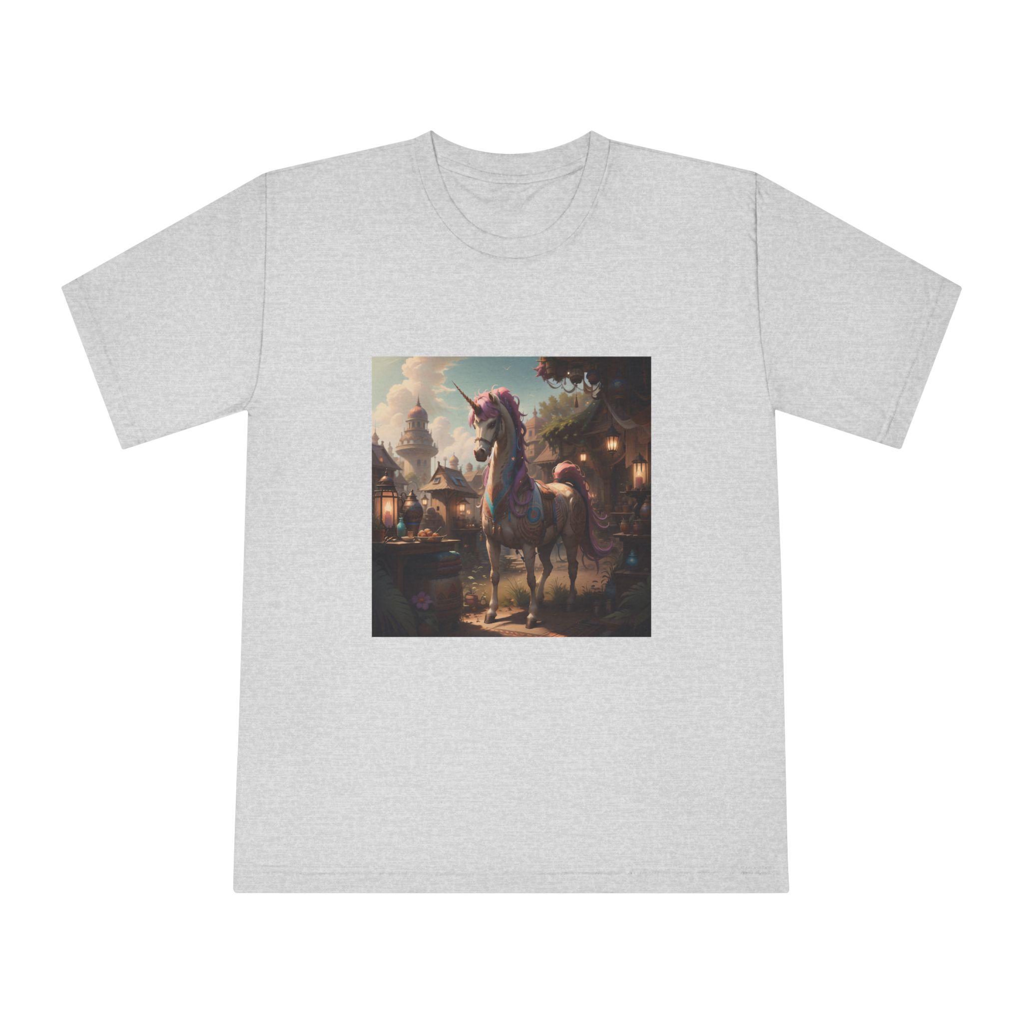 Unicorn With Purple Mane Stands Front Small Town With Lamp Post Unisex Classic Crewneck T Shirt - Image 13