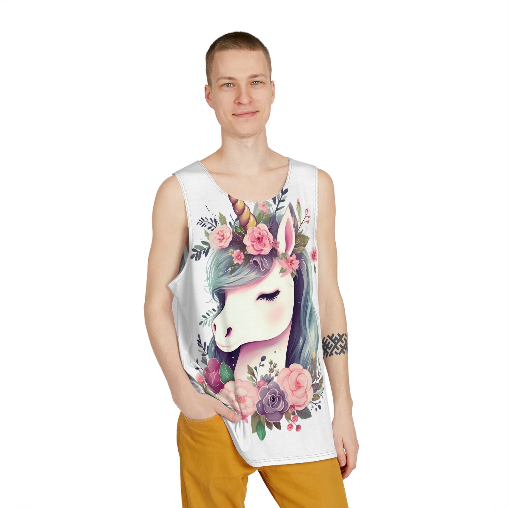 Unicorn With Floral Crown Its Head Mens Tank Aop - Image 3
