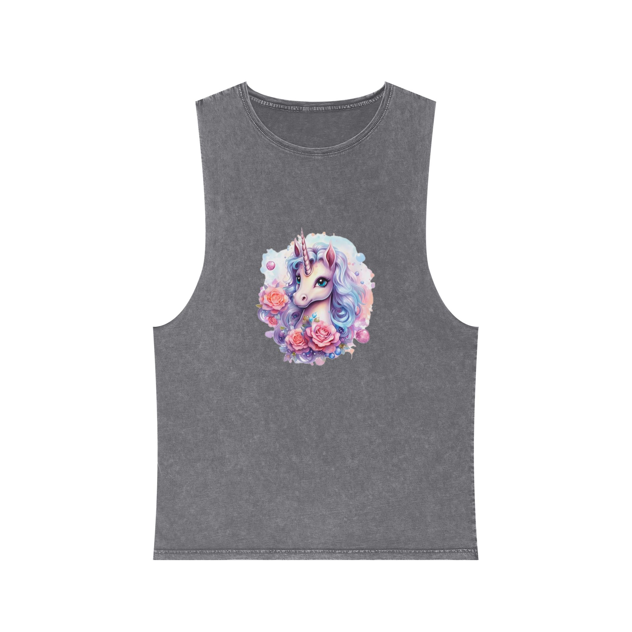 Cute Colorful Magic Unicorn With Flowers Watercolor Style (8) Copy Unisex Stonewash Tank Top - Image 9