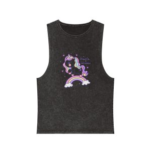 Cute Unicorn Doodle Rainbow Unisex Stonewash Tank Top