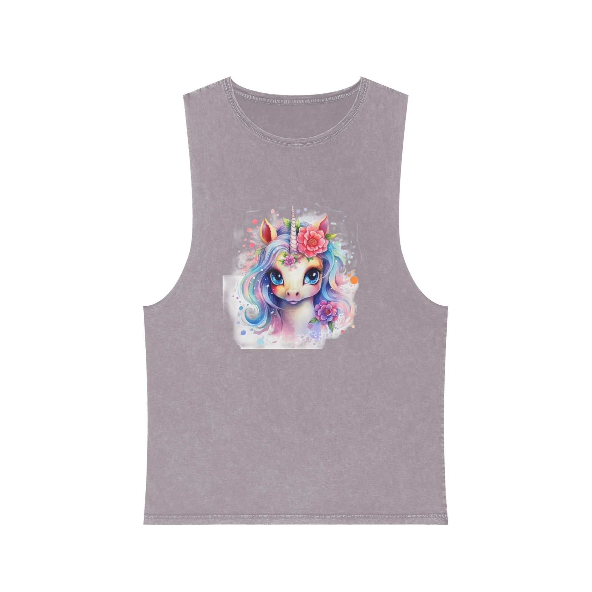 Cute Colorful Magic Unicorn With Flowers Watercolor Style (8) Copia Unisex Stonewash Tank Top - Image 17