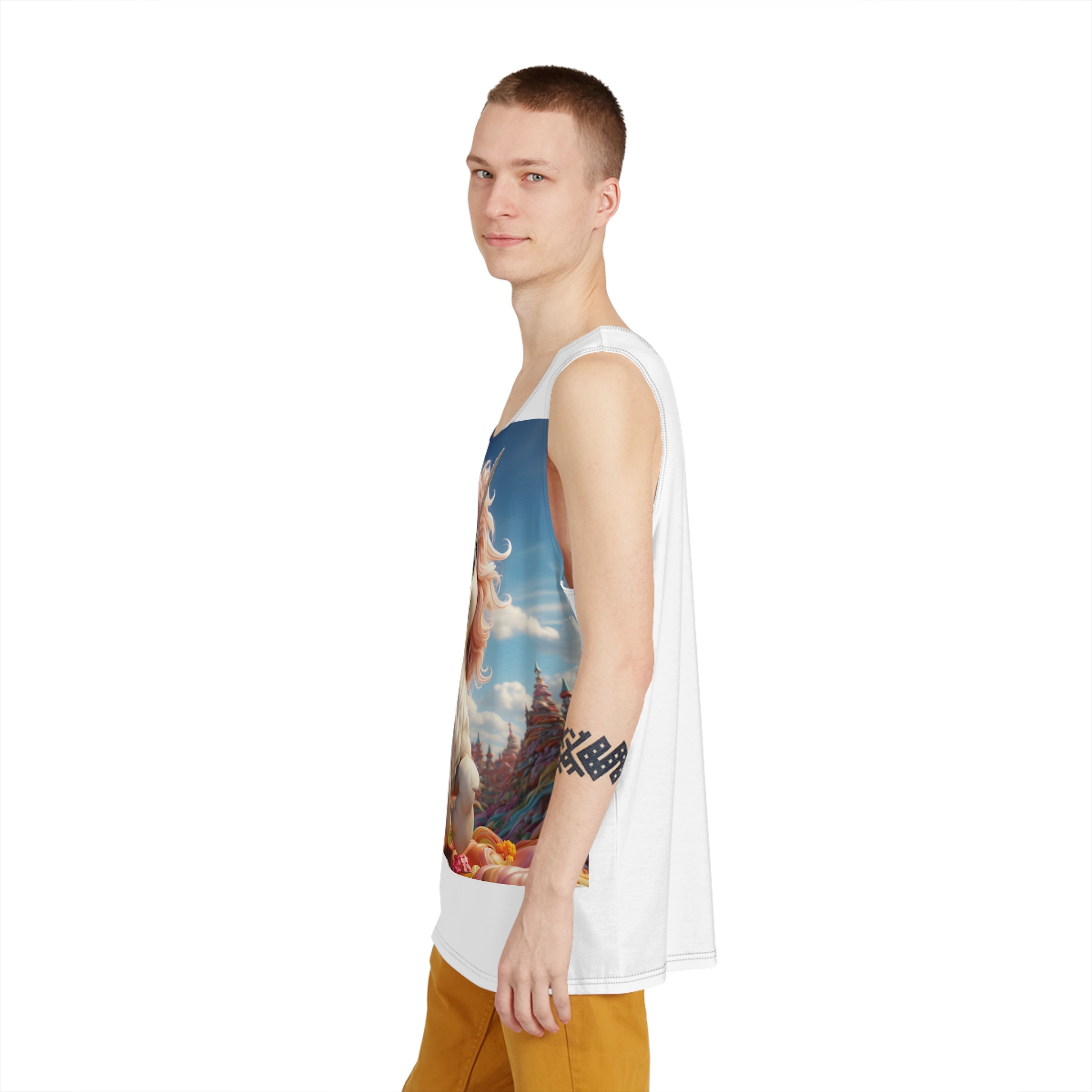 There Is Cartoon Unicorn That Is Standing Field Candy Generative Ai Mens Tank Aop