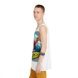 Cartoon Unicorn With Rainbow Wings Top Mountain Background Generative Ai Mens Tank Aop