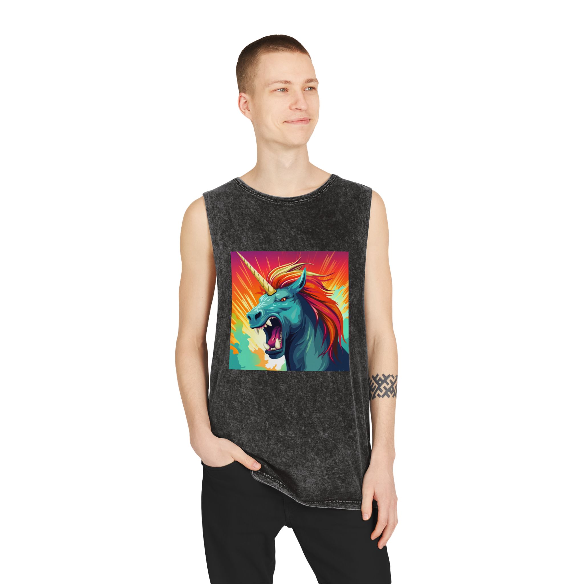 Illustration Unicorn With Colorful Mane Yellow Horn Generative Ai Unisex Stonewash Tank Top - Image 3