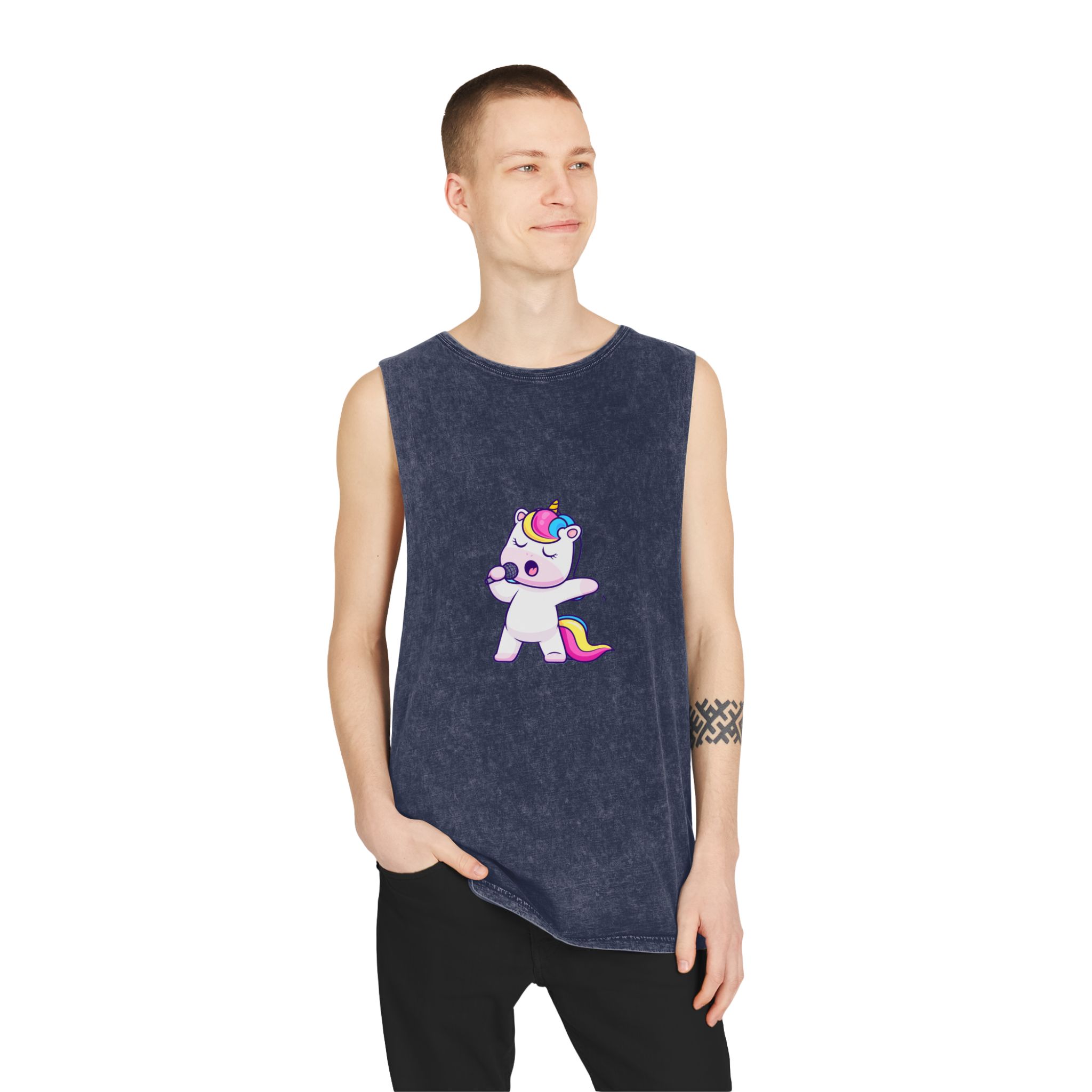 Cute Unicorn Singing Unisex Stonewash Tank Top - Image 15