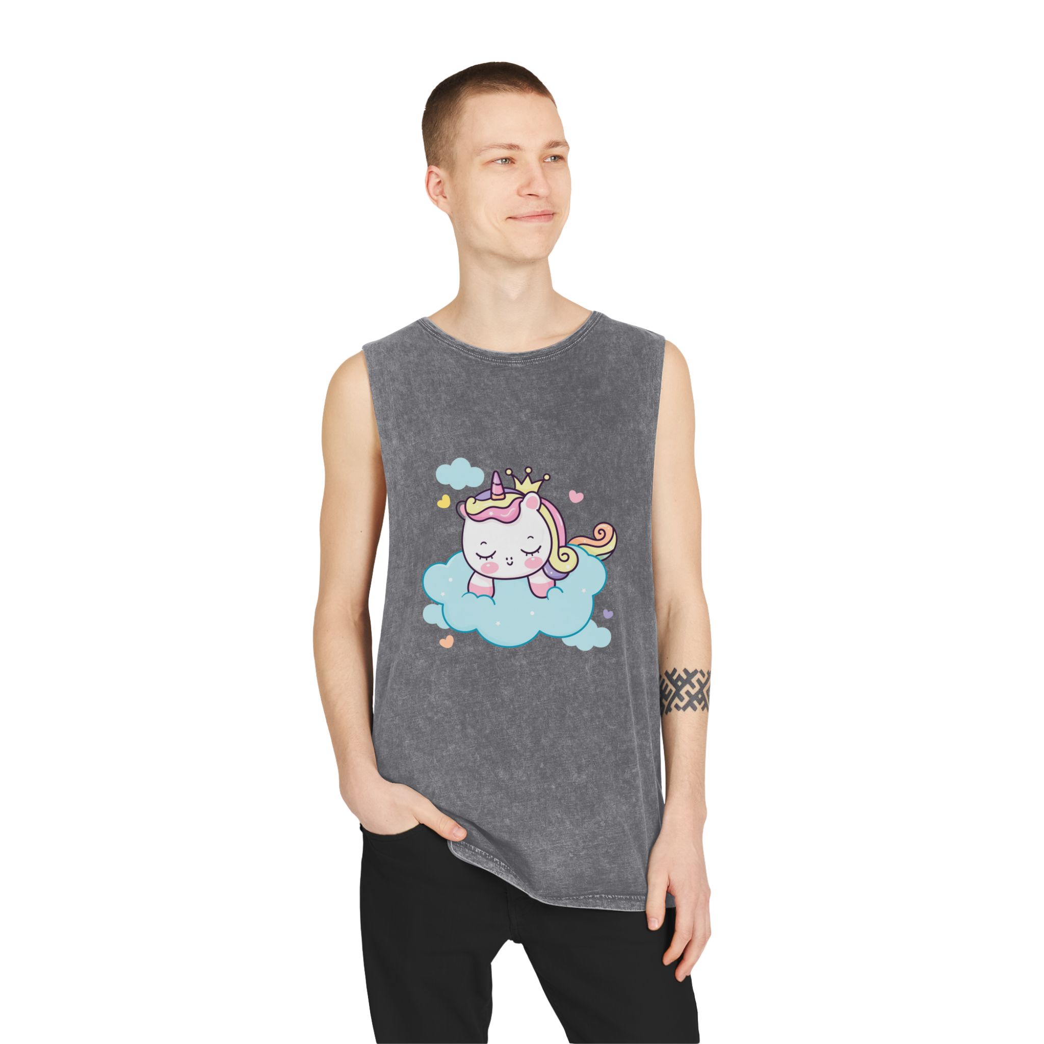 Cute Unicorn Princess Cartoon Sleep Cloud Kawaii Clipart Unisex Stonewash Tank Top - Image 11