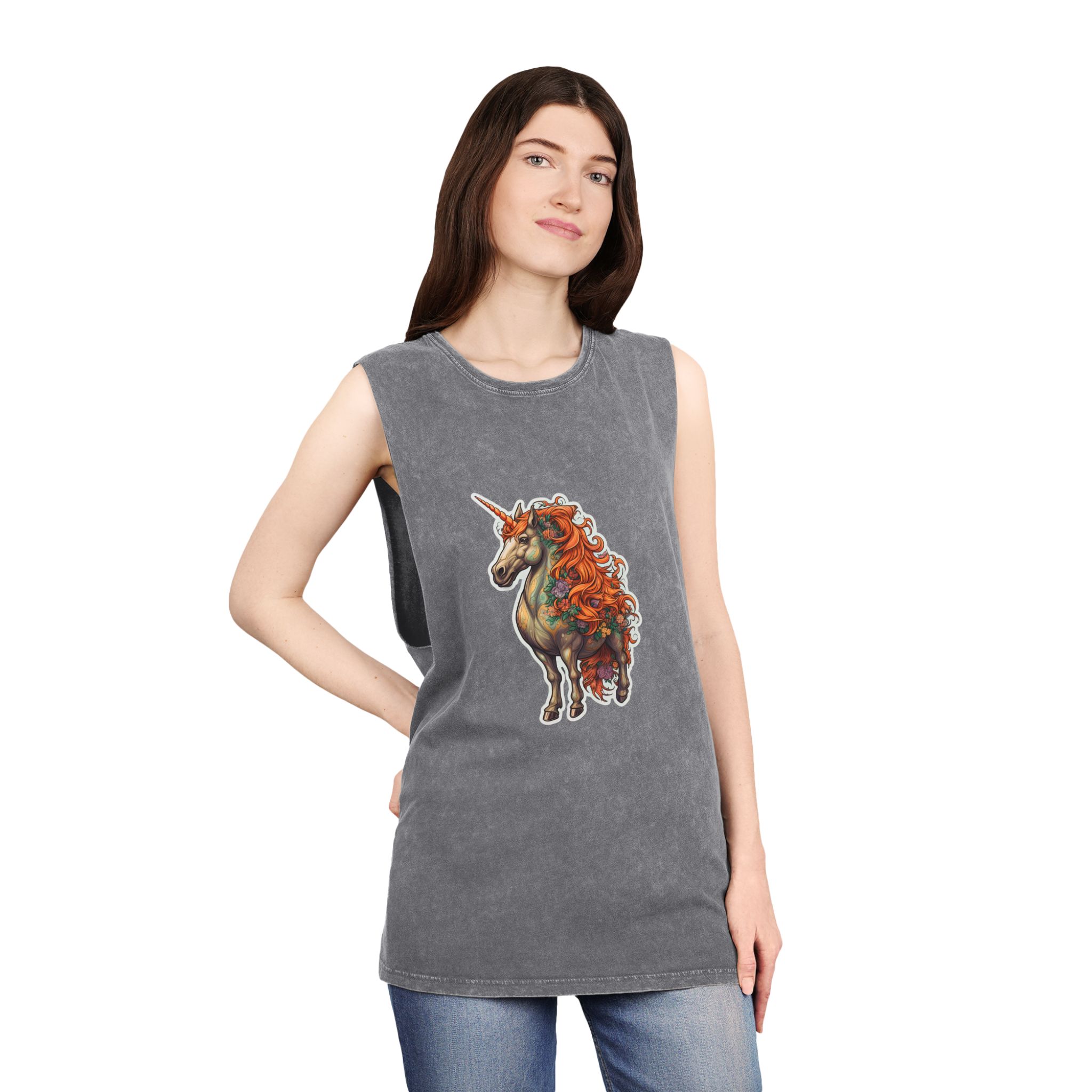 Drawing Unicorn With Flowers Picture Unicorn Unisex Stonewash Tank Top - Image 12