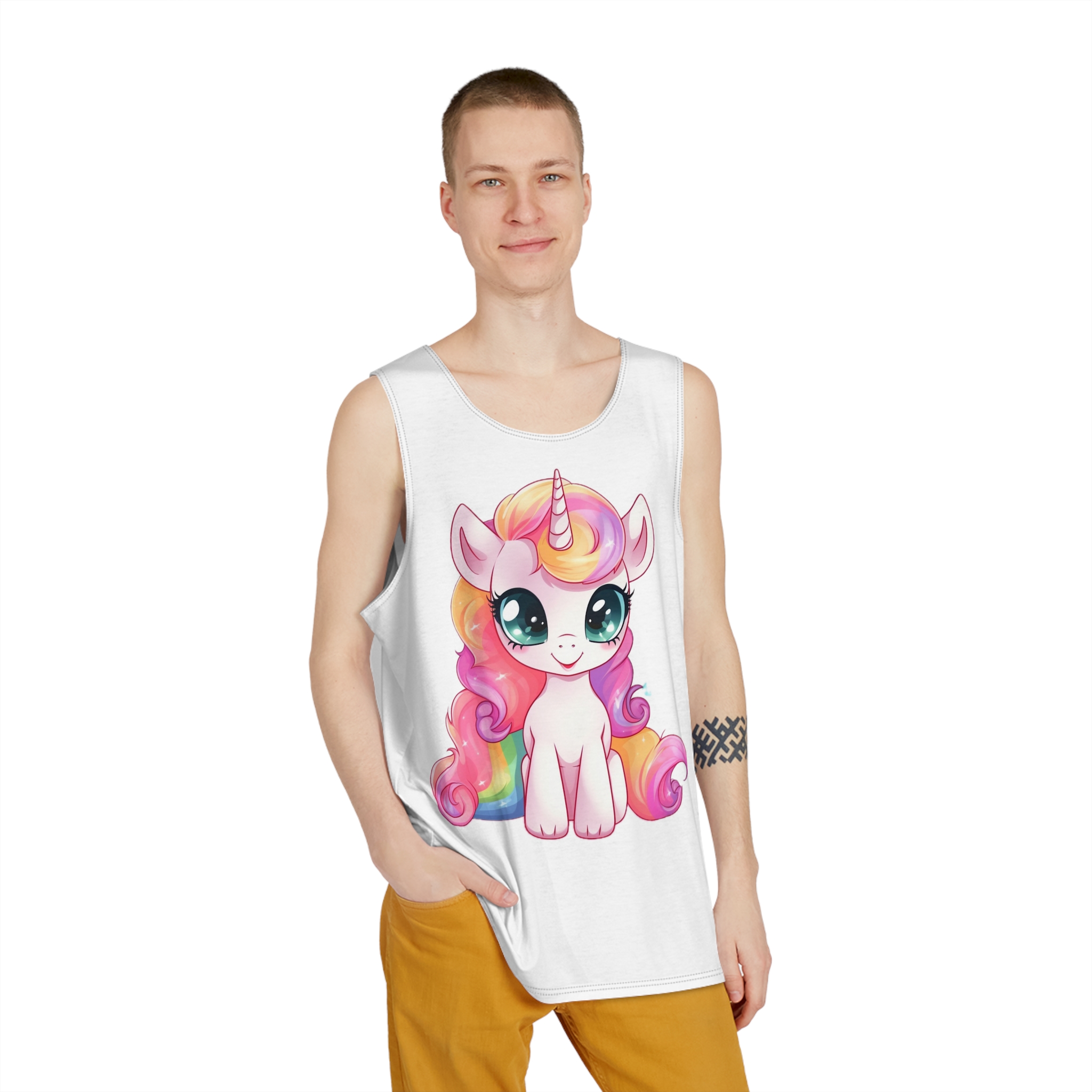 Cartoon Unicorn With Pink Hair Rainbow Mane Sitting Ground Generative Ai Mens Tank Aop - Image 3