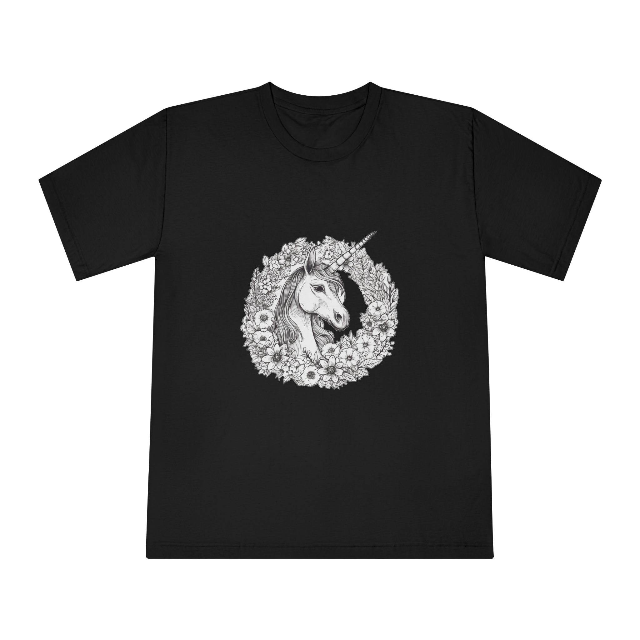 Unicorn With Horn Flowers Wreath Generative Ai Unisex Classic Crewneck T Shirt - Image 5