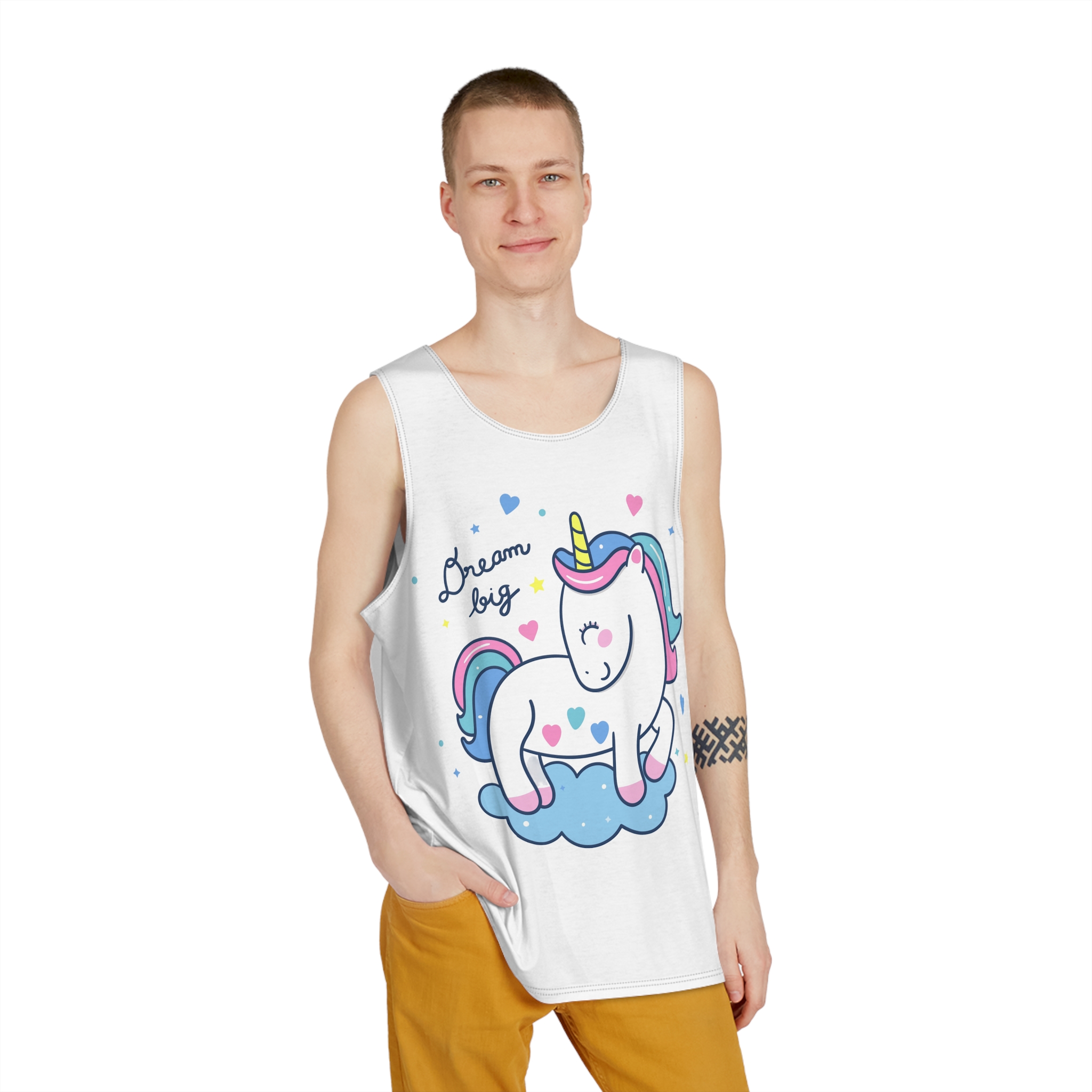 Cute Unicorn Cartoon Dream Big Series Hand Drawn Style Mens Tank Aop - Image 3