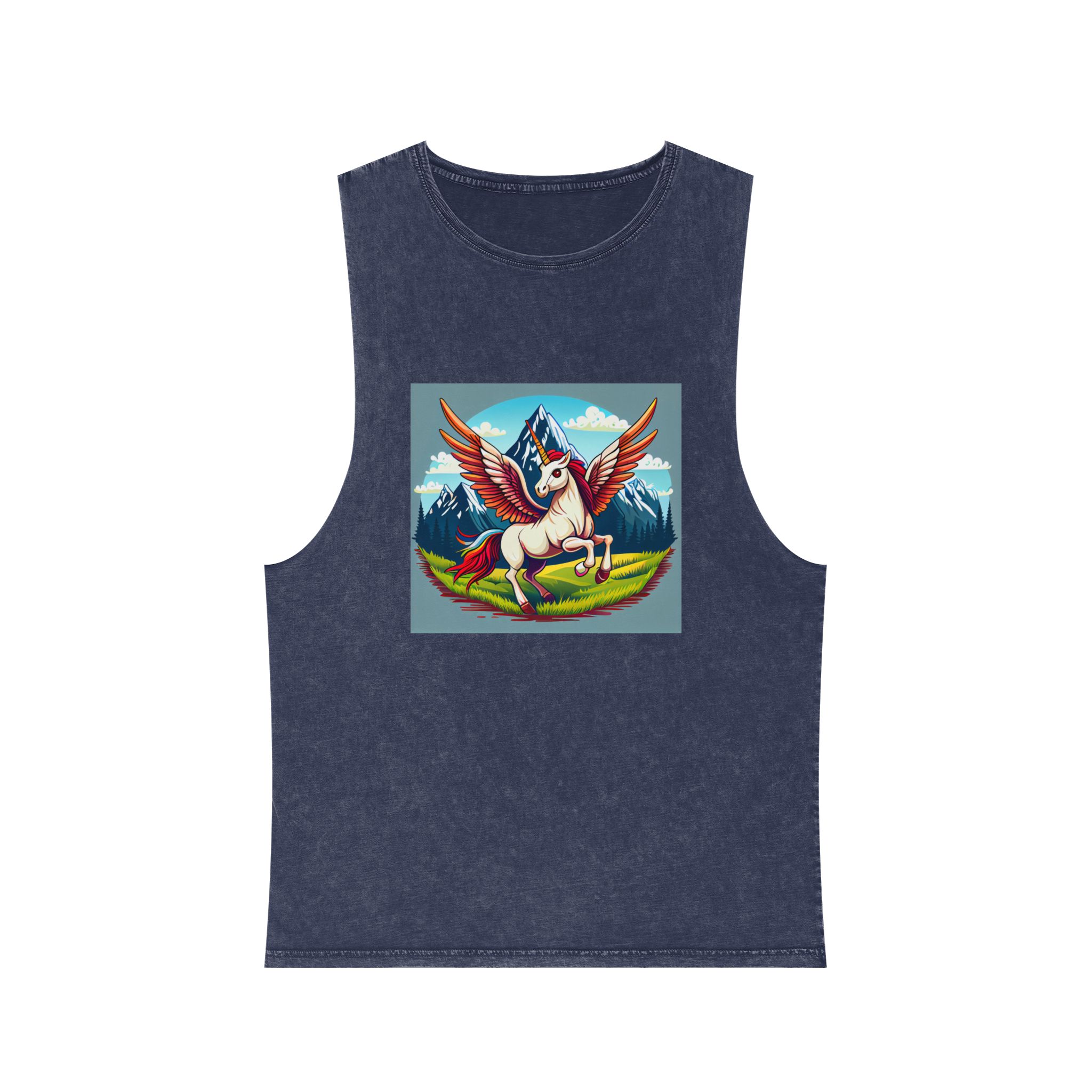 Cartoon Unicorn With Rainbow Wings Top Mountain Background Generative Ai Unisex Stonewash Tank Top - Image 13