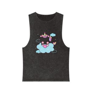 Cute Unicorn Pegasus Cartoon Sleep Holding Heart Cloud Kawaii Animal Unisex Stonewash Tank Top