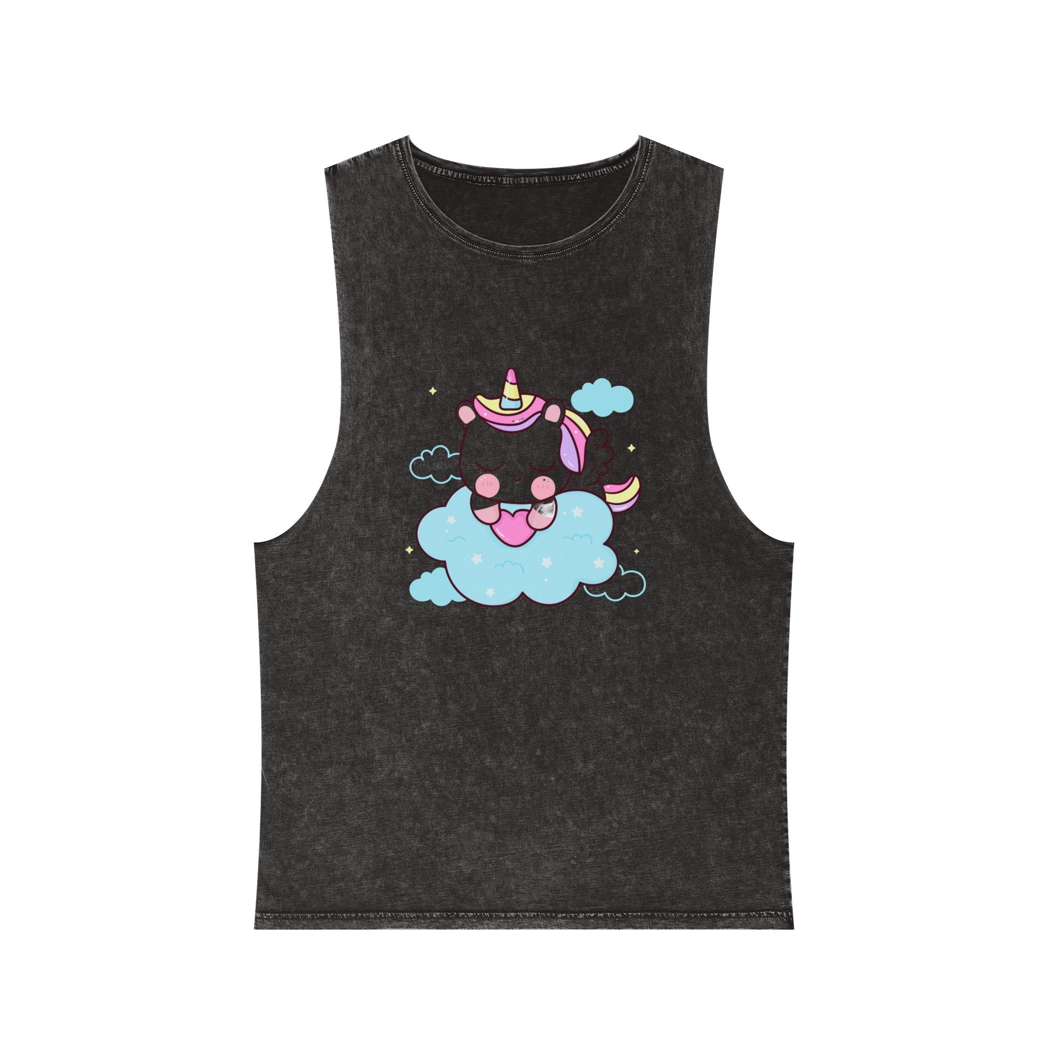 Cute Unicorn Pegasus Cartoon Sleep Holding Heart Cloud Kawaii Animal Unisex Stonewash Tank Top