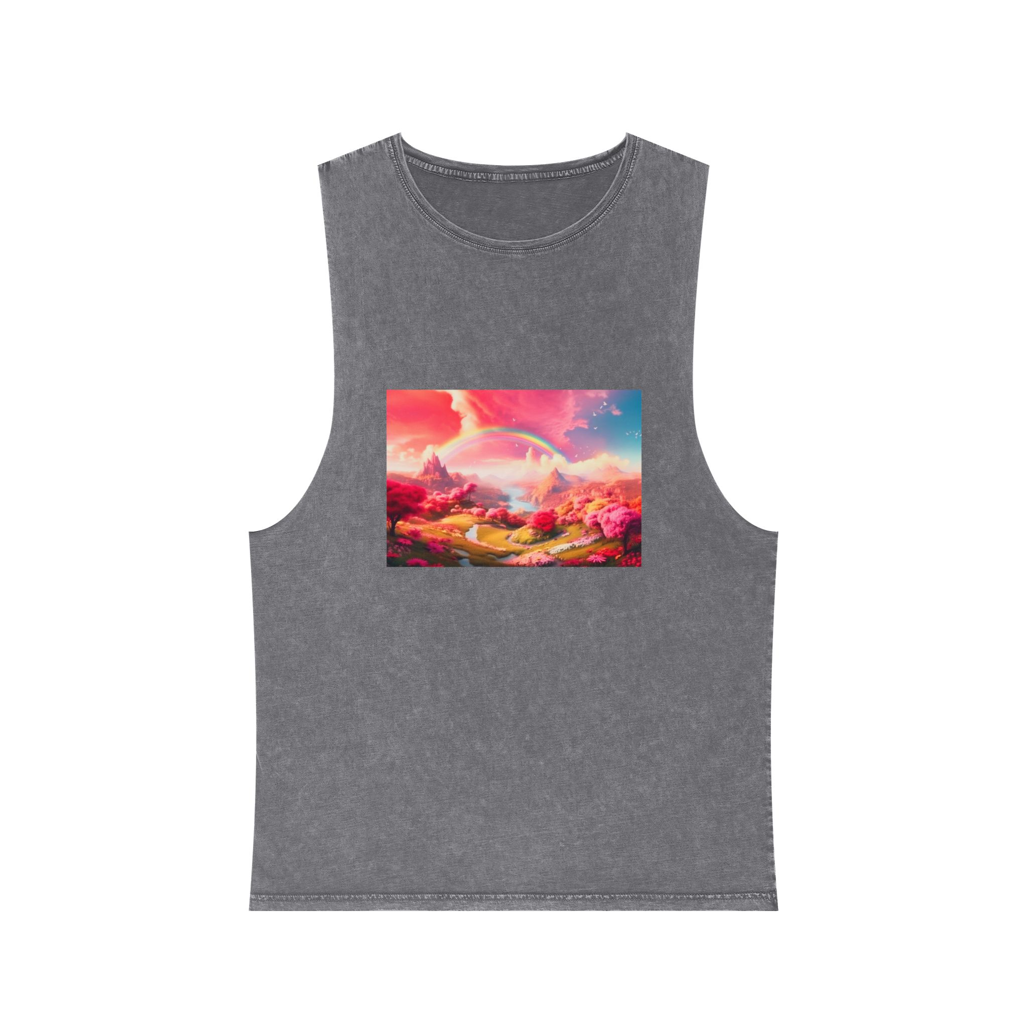 Pink Spring Garden Fairy Land Background Clouds With Rainbow Animation Unisex Stonewash Tank Top - Image 9