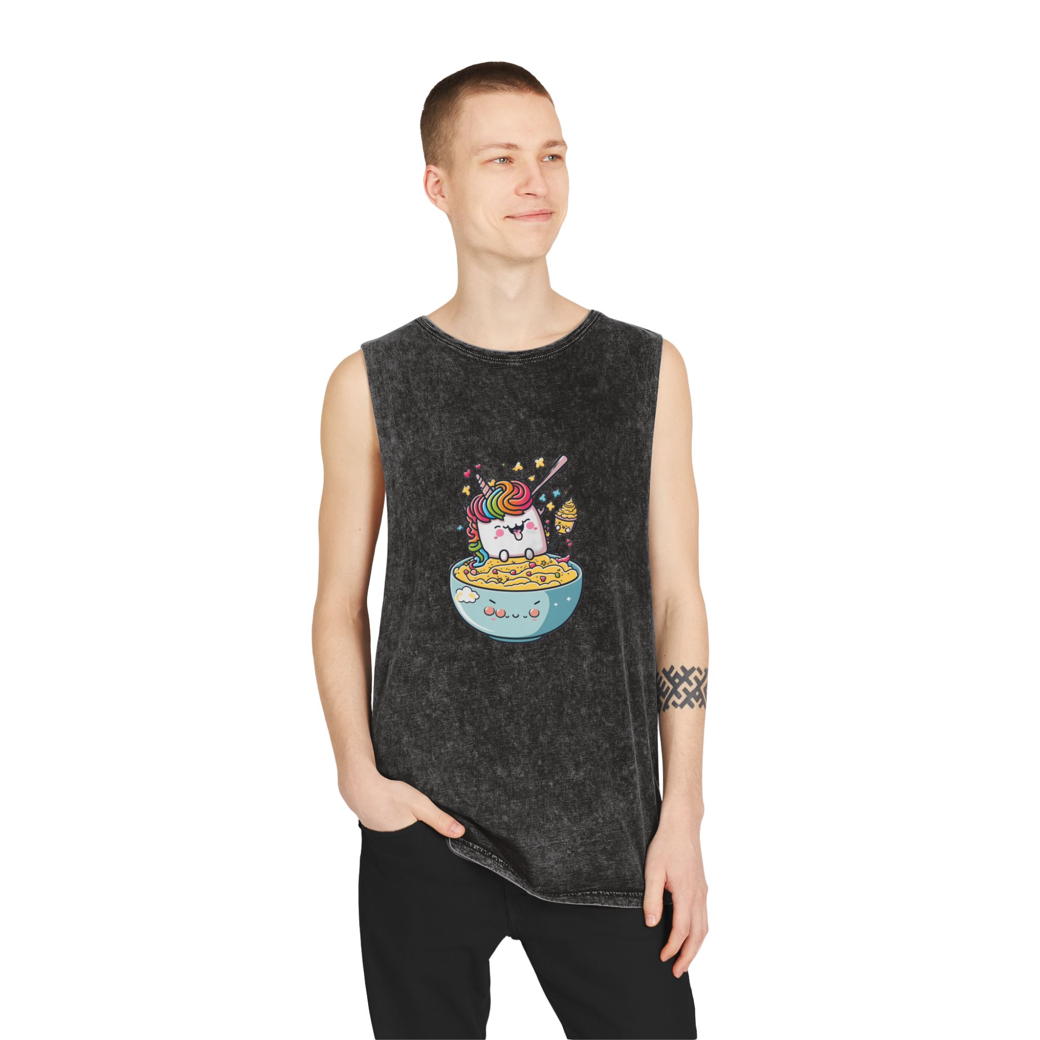 Cute Kawaii Unicorn Graphic Eating Ramen Unisex Stonewash Tank Top - Image 3