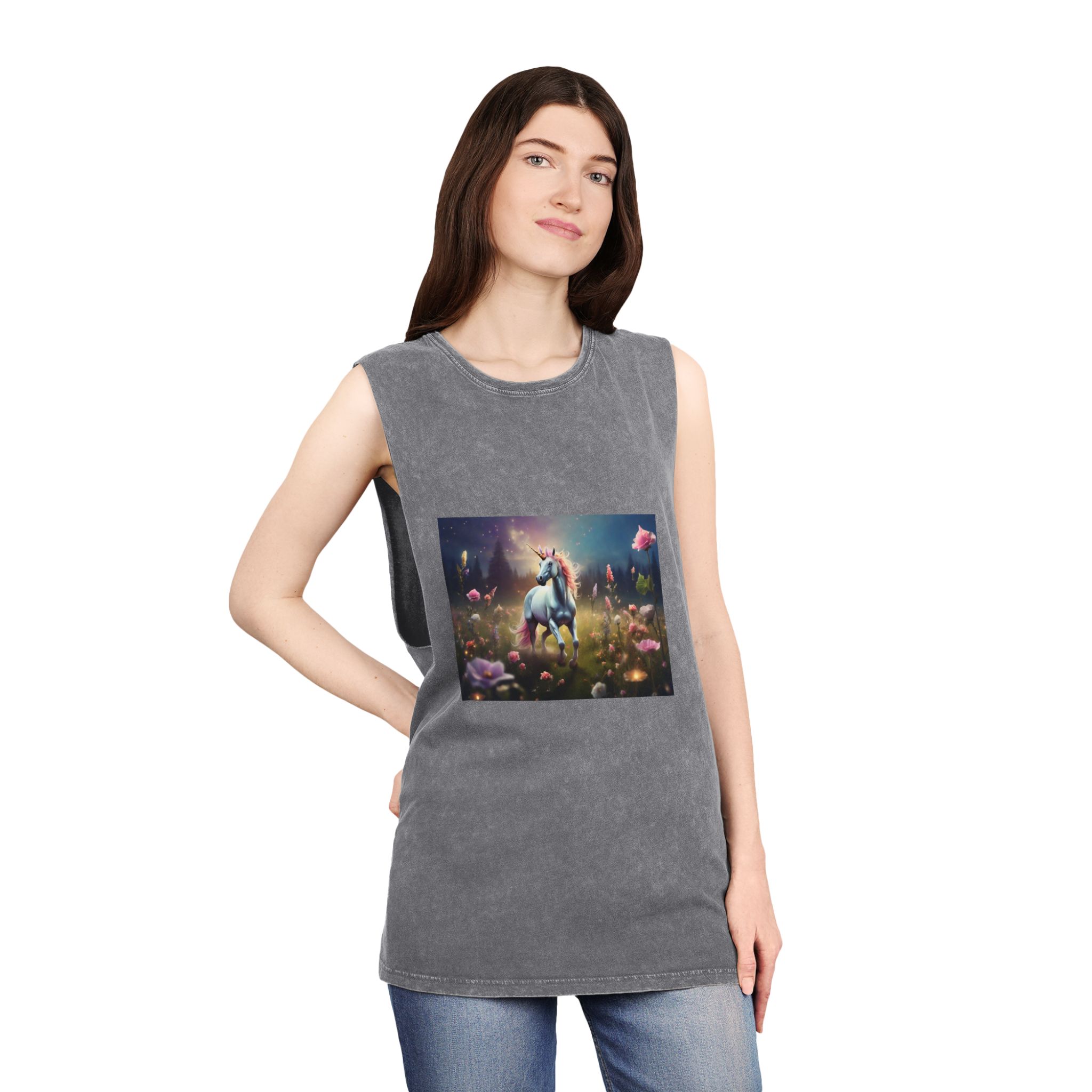 Beautiful Unicorn Running Magical Meadow Unicorn Background Images Whimsical Unicorn (20) Unisex Stonewash Tank Top - Image 12
