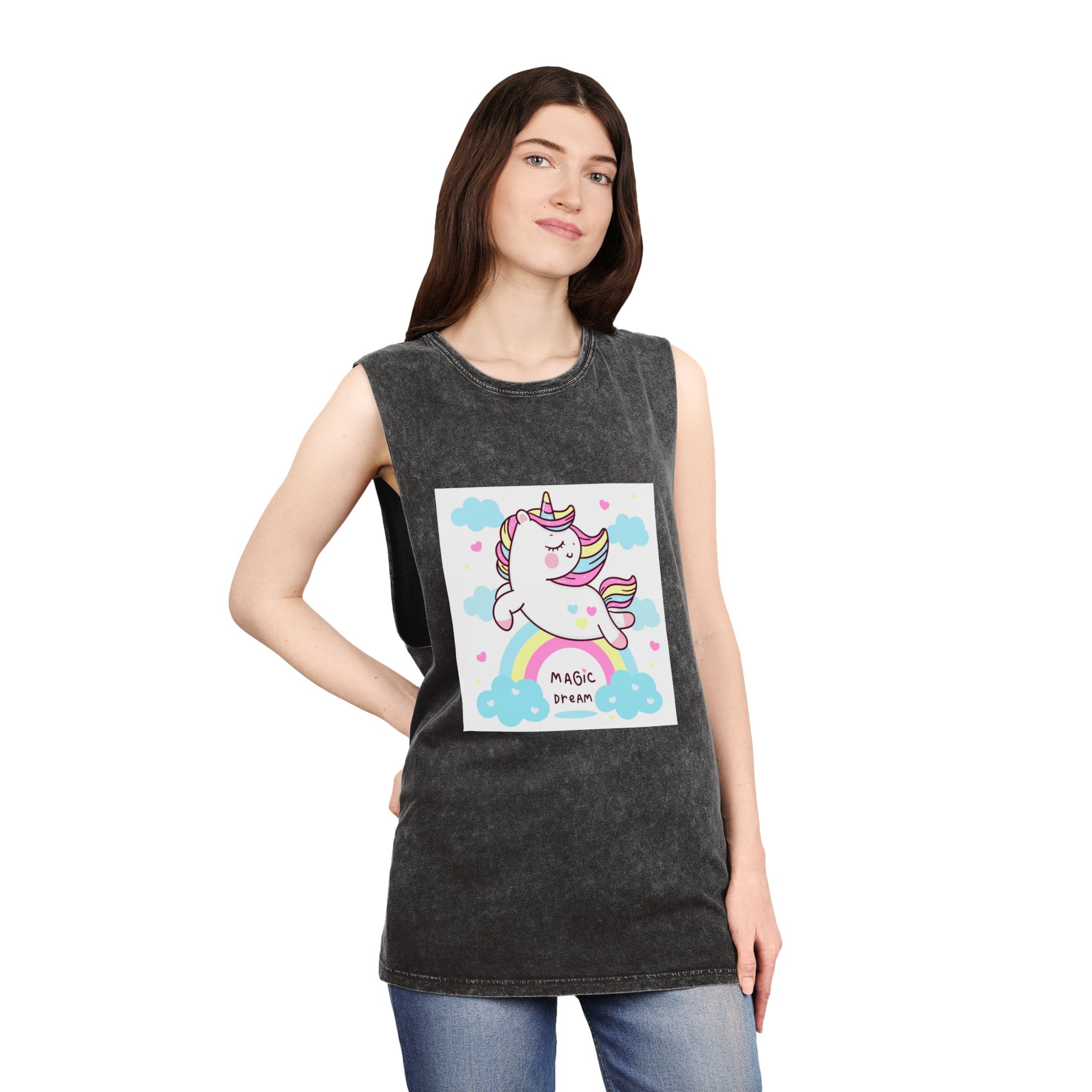Cute Unicorn Pegasus Vector Fly On Sky With Rainbow Sweet Heart and Cloud Pony Cartoon Pastel Background Valentines Day Unisex Stonewash Tank Top - Image 4