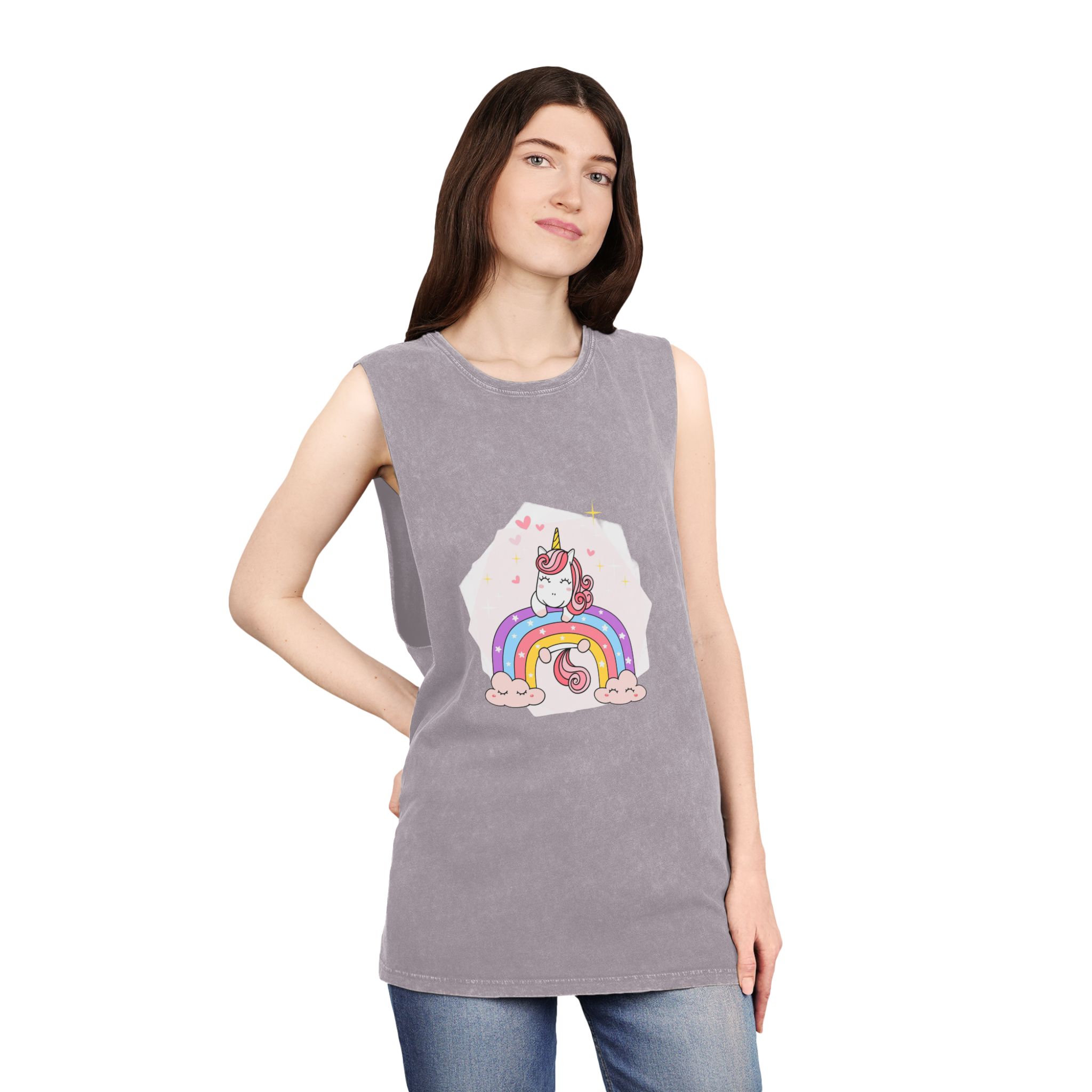 Cute Unicorn Magical Purple Rainbow Simple Doodle Outline Cartoon Illustration Unisex Stonewash Tank Top - Image 20