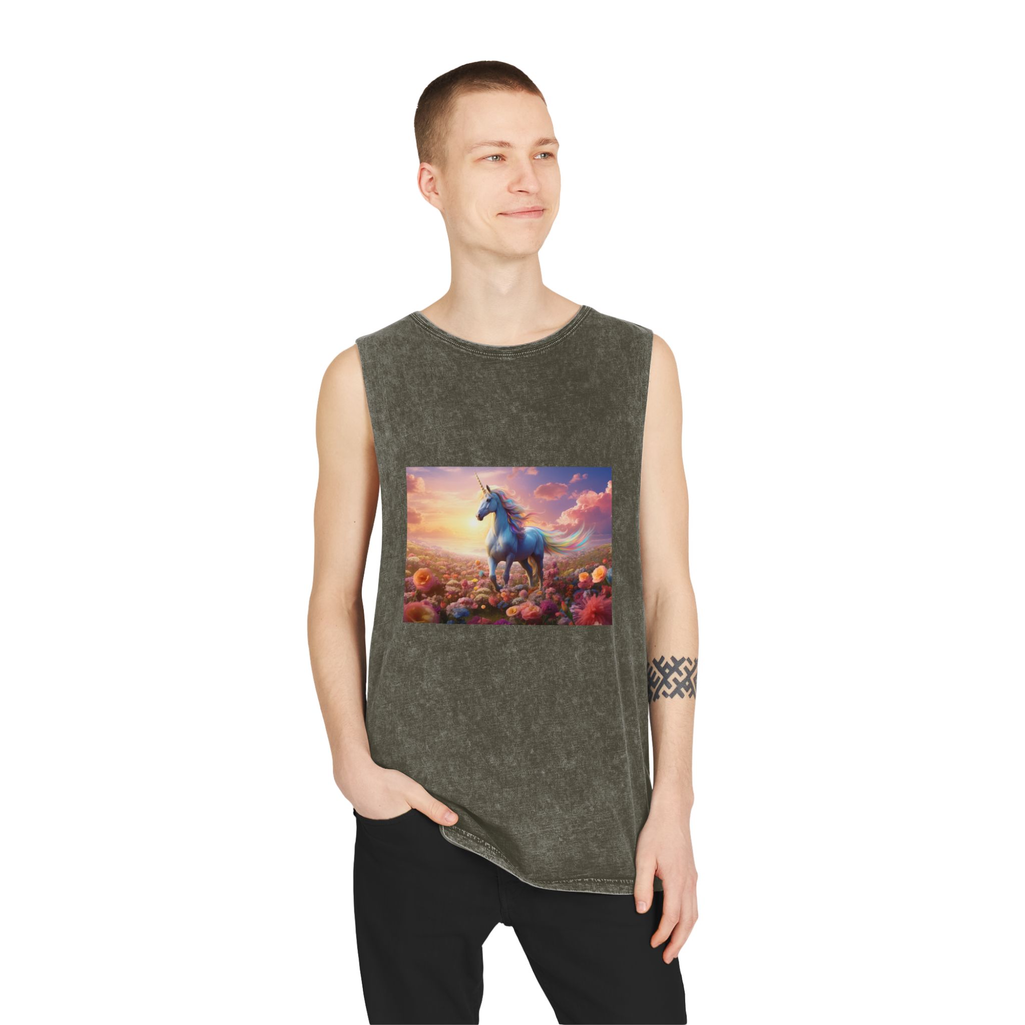 Unicorn Flower Field Unisex Stonewash Tank Top - Image 7