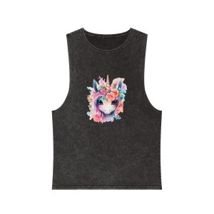 Cute Colorful Magic Unicorn With Flowers Watercolor Style (4) Unisex Stonewash Tank Top