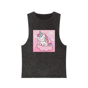 Cute Unicorn Vector On Sweet Cloud and Heart With Rainbow Pony Cartoon Kawaii Animals Background Valentines Day Gift Unisex Stonewash Tank Top
