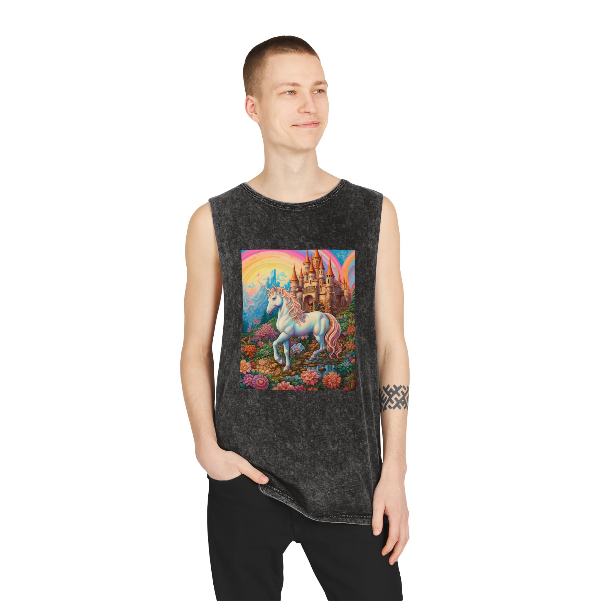 Painting Unicorn Fantasy Setting With Castle Background Generative Ai Copy Unisex Stonewash Tank Top - Image 3