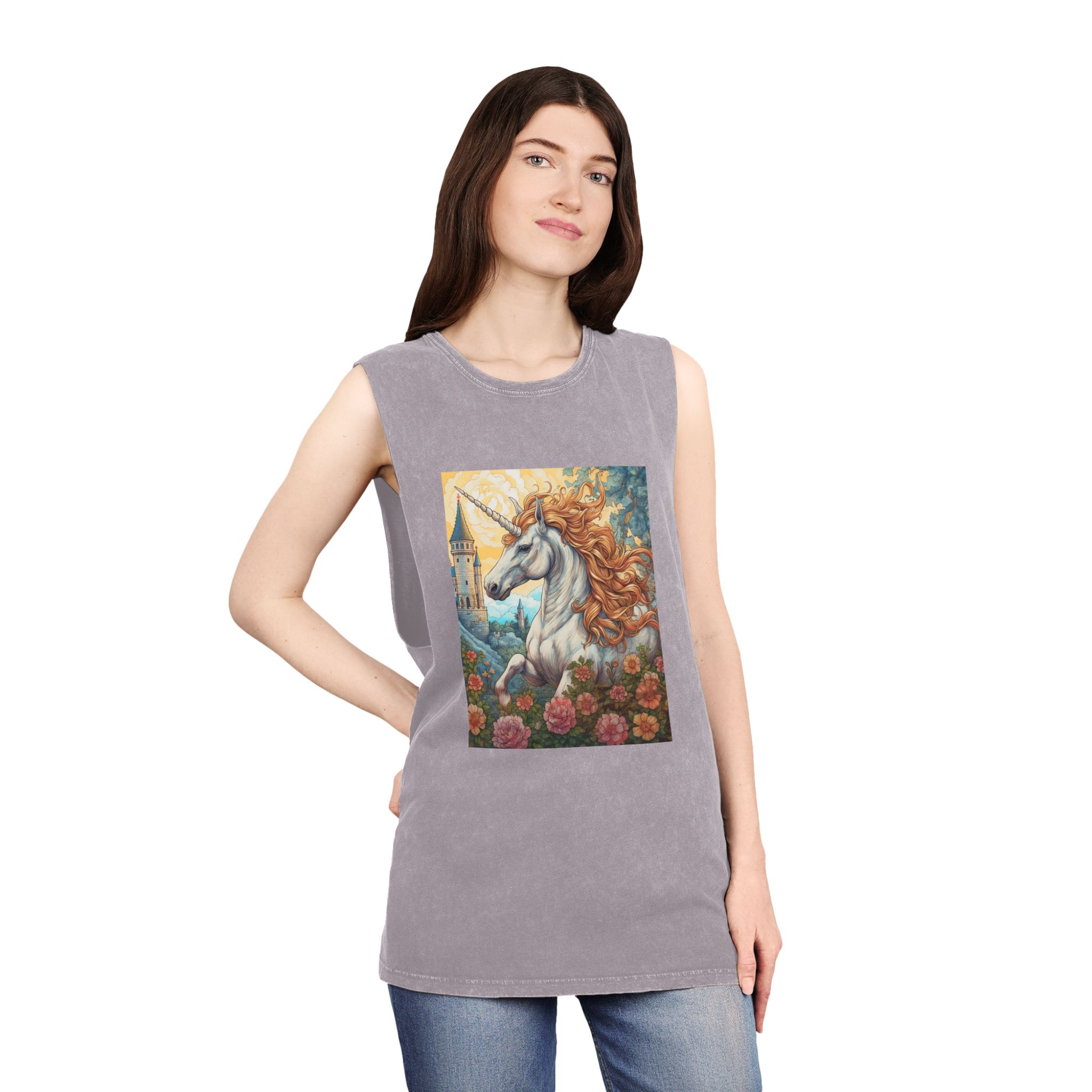 Painting Unicorn With Long Mane Castle Background Generative Ai Unisex Stonewash Tank Top - Image 20